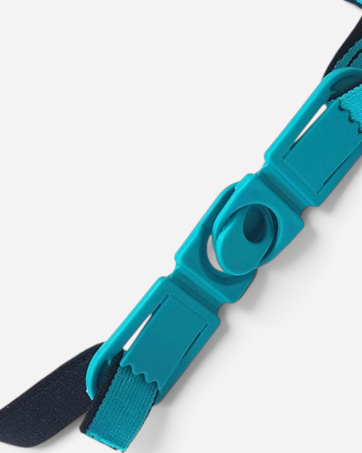 Astrofat Climax 810 respirator mask adjustable head strap buckle in teal plastic with black elastic webbing