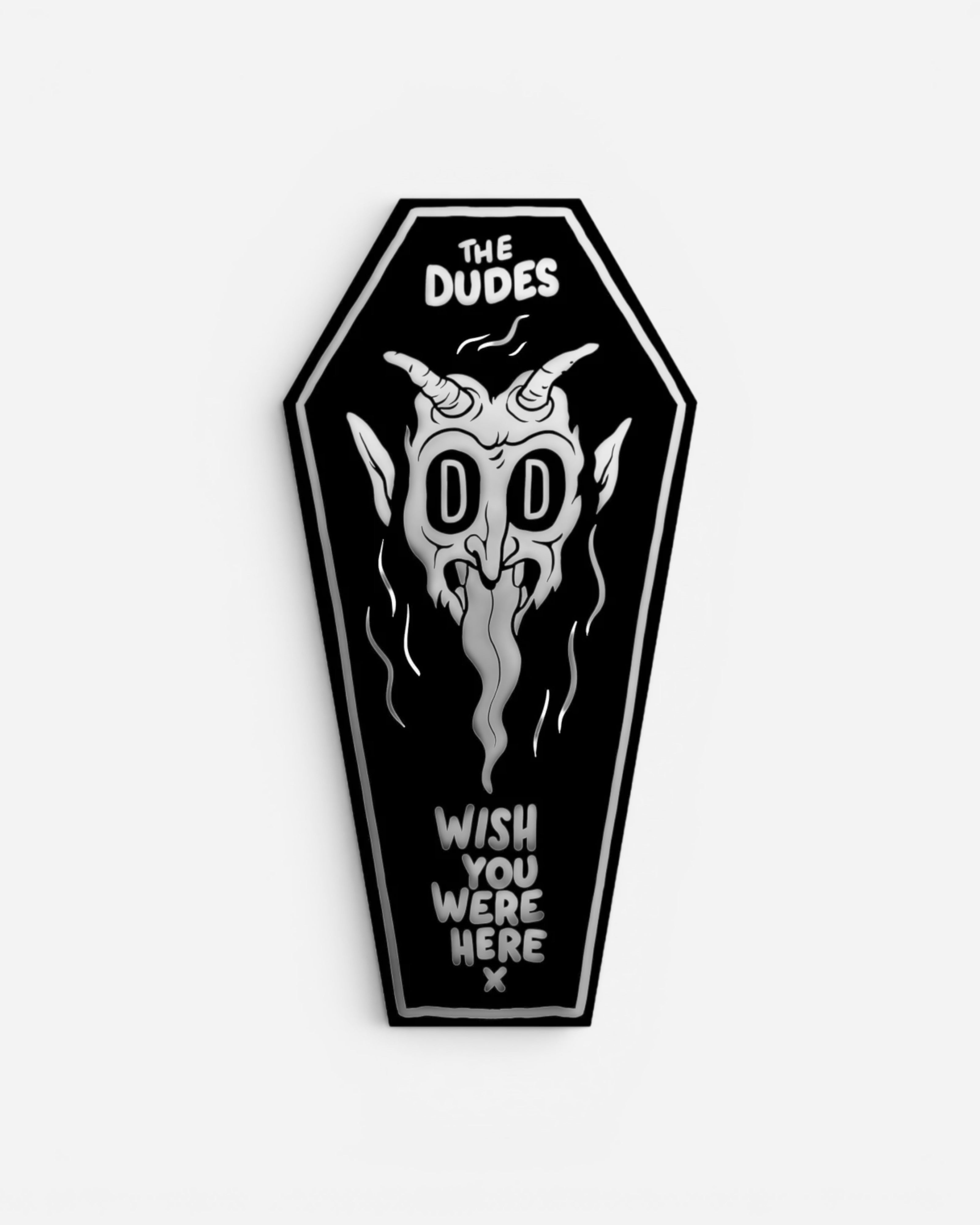 Astrofat The Dudes coffin-shaped beach towel in black with a white devil graphic and text.