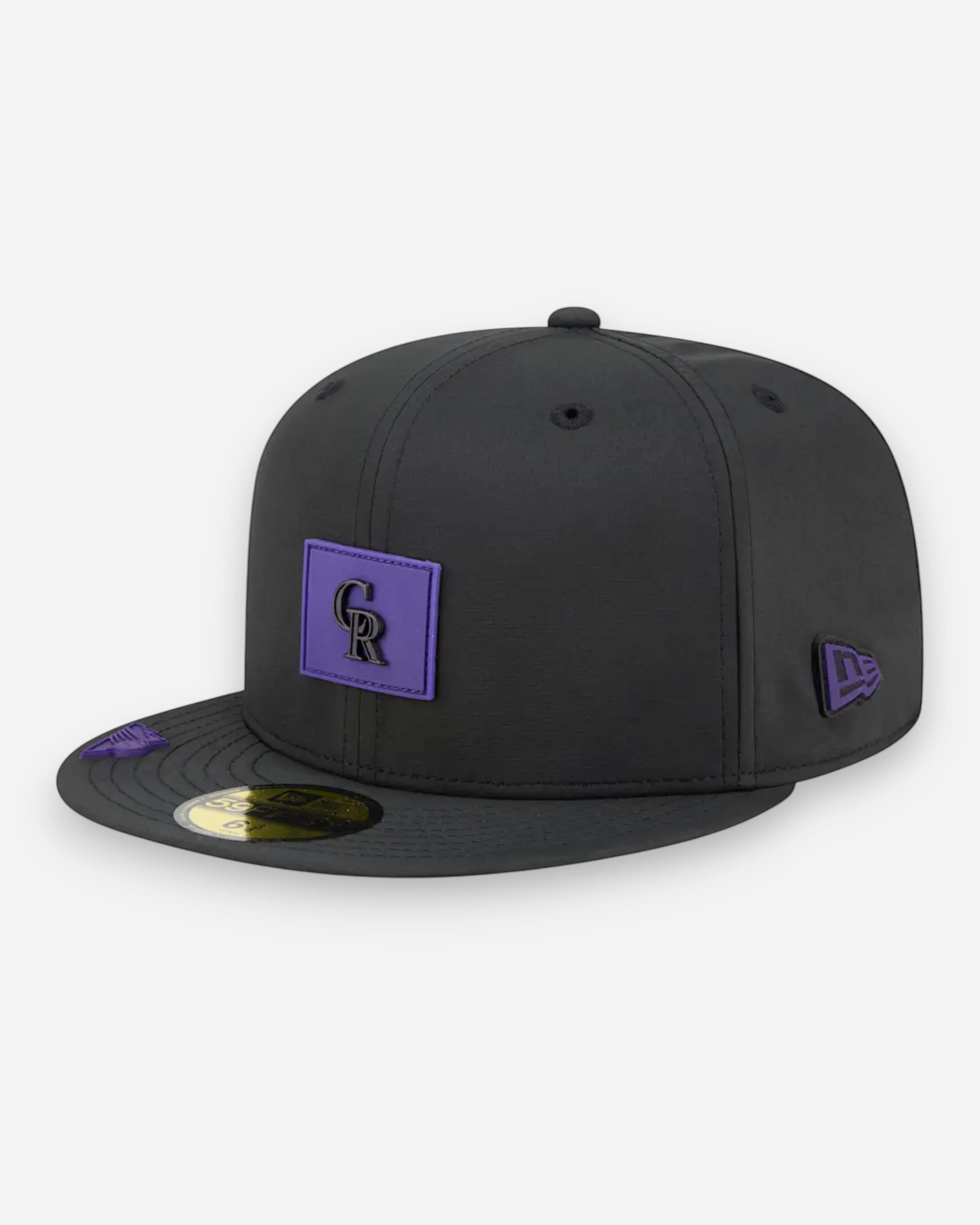 Astrofat Colorado Rockies 59FIFTY fitted baseball cap in black with purple CR logo patch and New Era flag.