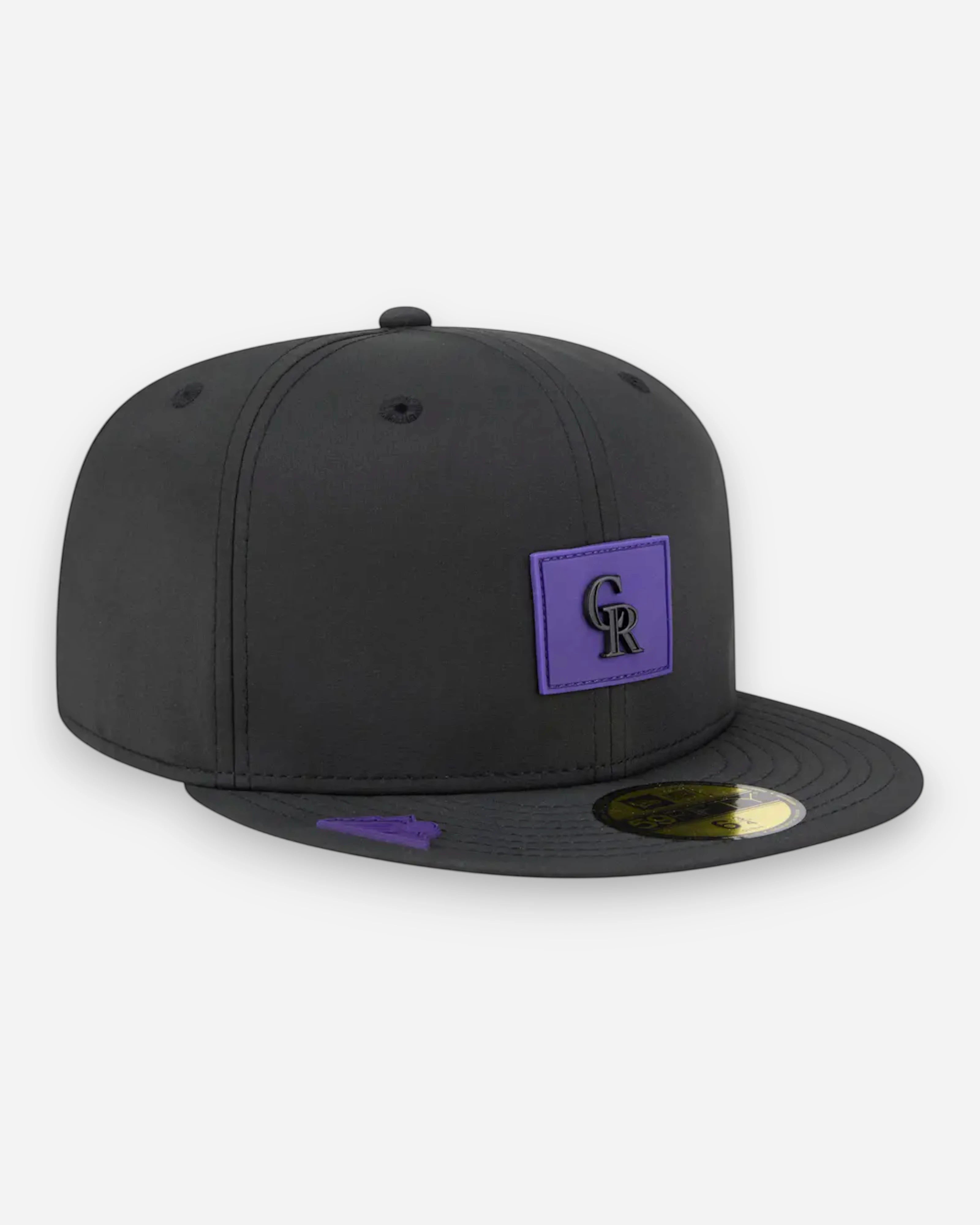 Astrofat Colorado Rockies 59FIFTY fitted baseball cap in black with purple CR logo patch and accents.