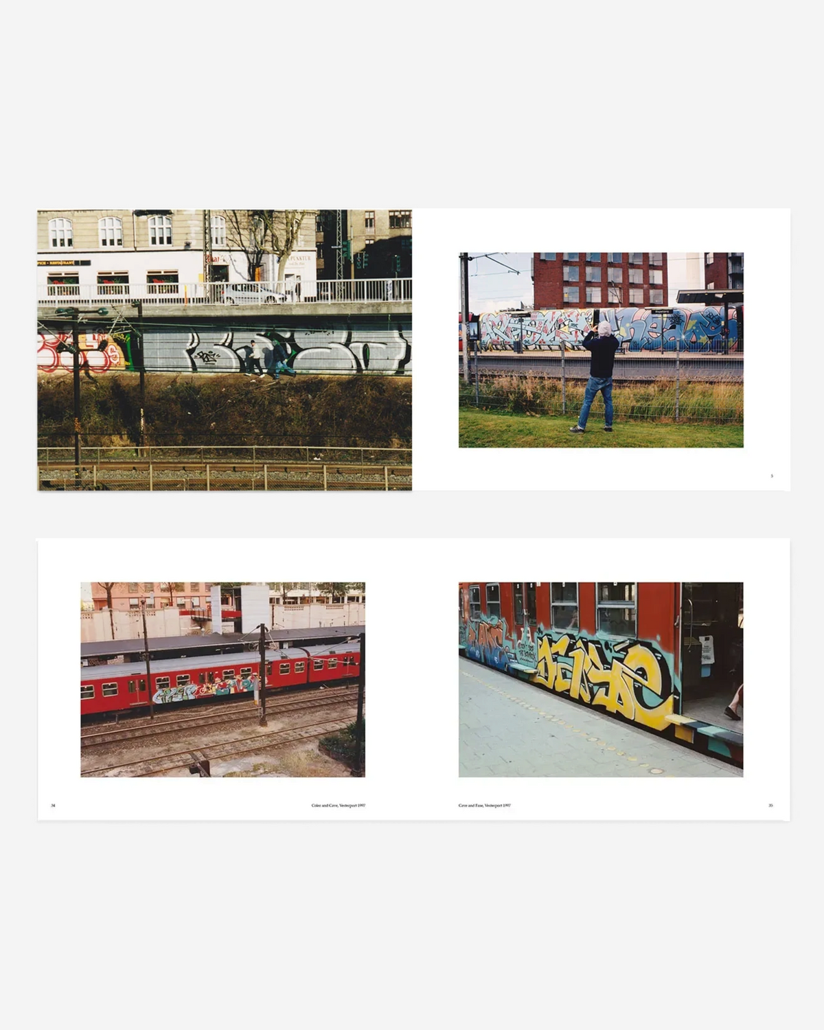 Astrofat Copenhagen Graffiti II book spread showing urban train track graffiti photography and a person taking photos