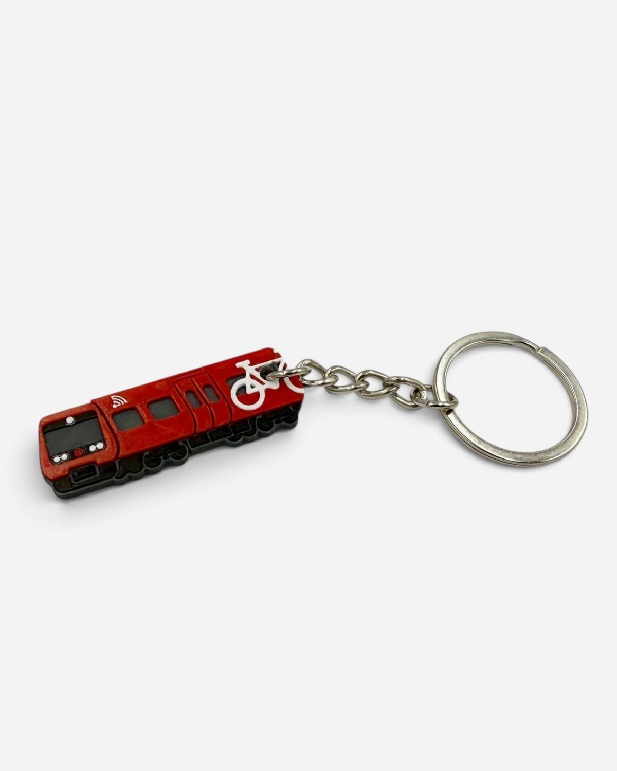 Astrofat Copenhagen S-Train keychain in red and black, 3D printed FDM design with a white bicycle icon.