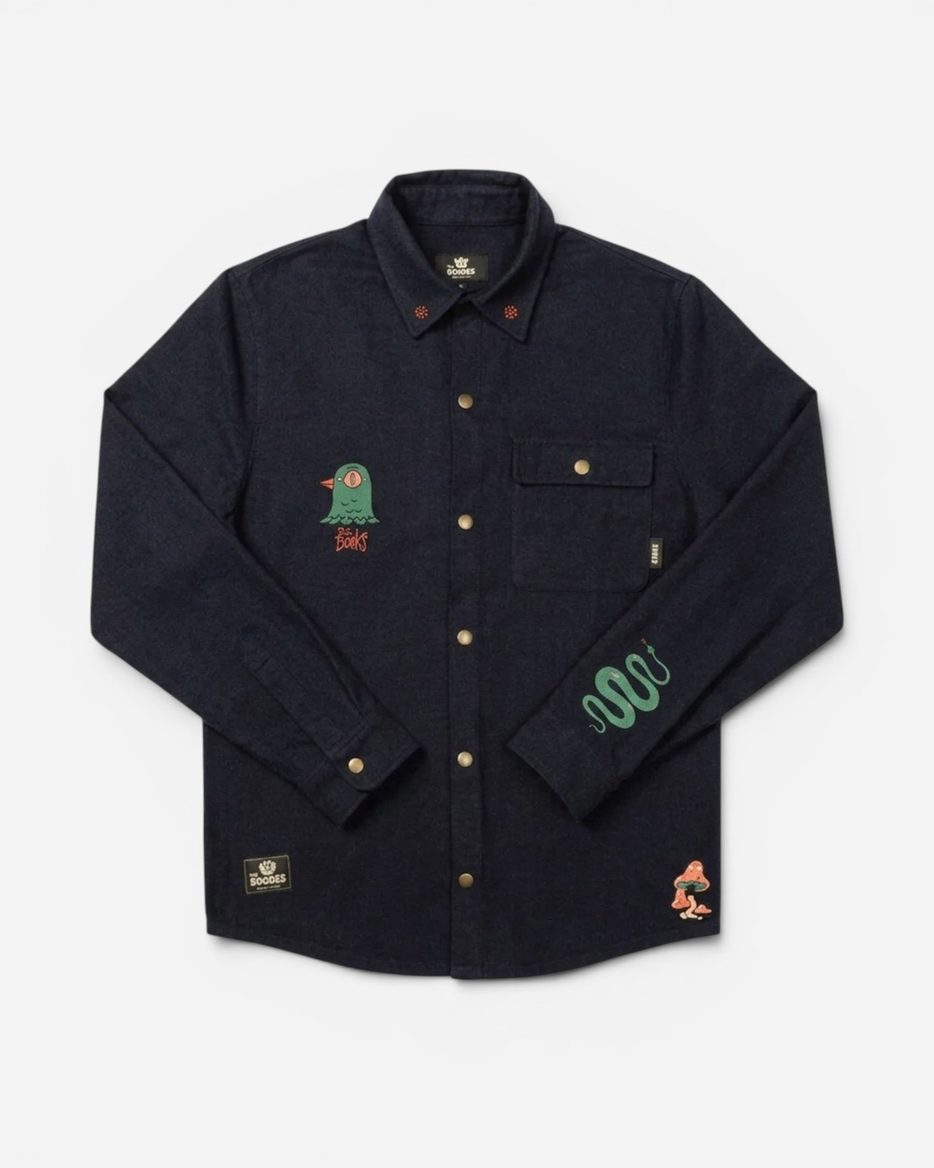 Astrofat dark blue long-sleeve button-up shirt with embroidered graphics of a bird, snake, and mushroom.