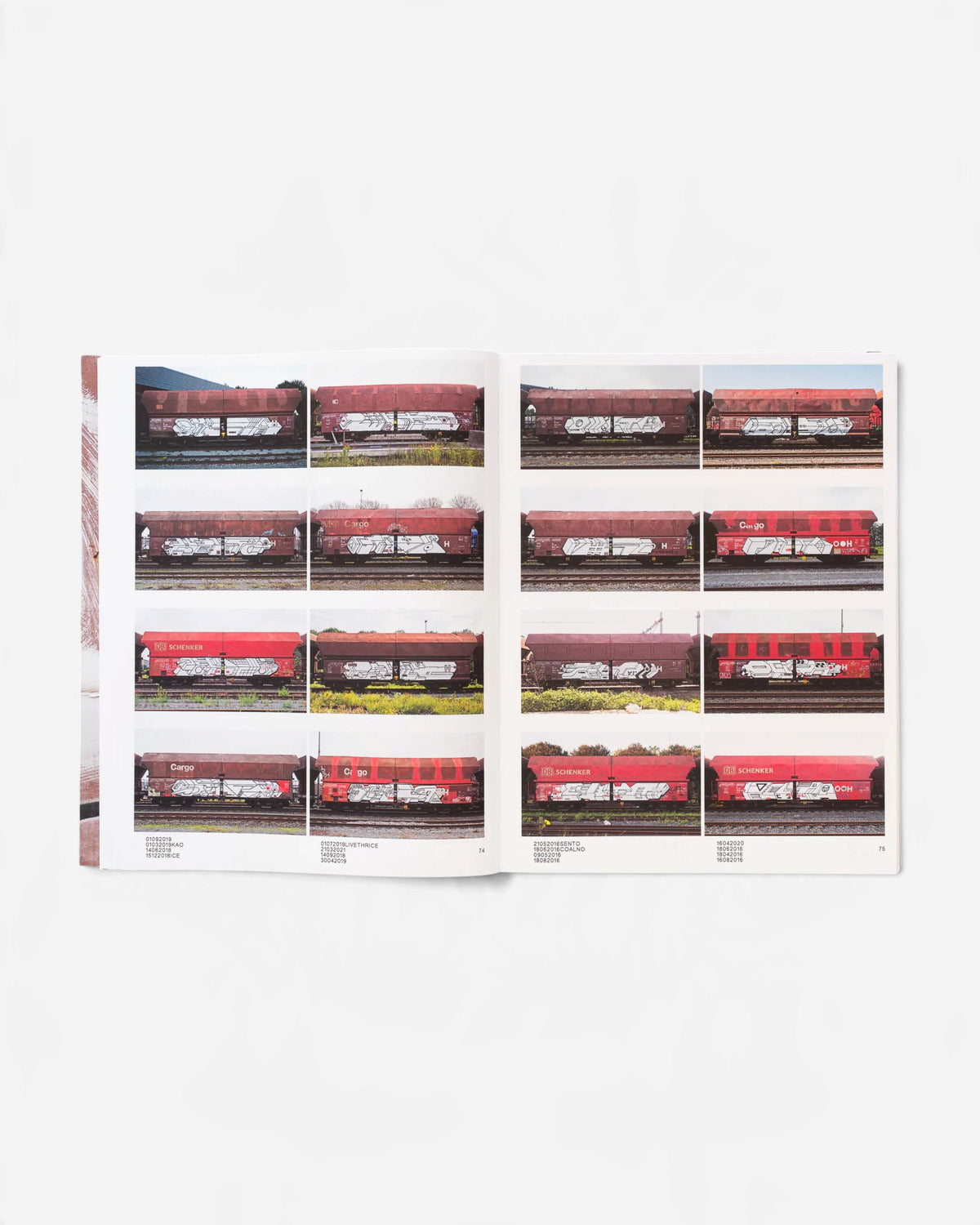 Astrofat book pages showing a grid of red freight train cars painted with white graffiti by artist Boris DELTA Tellegen