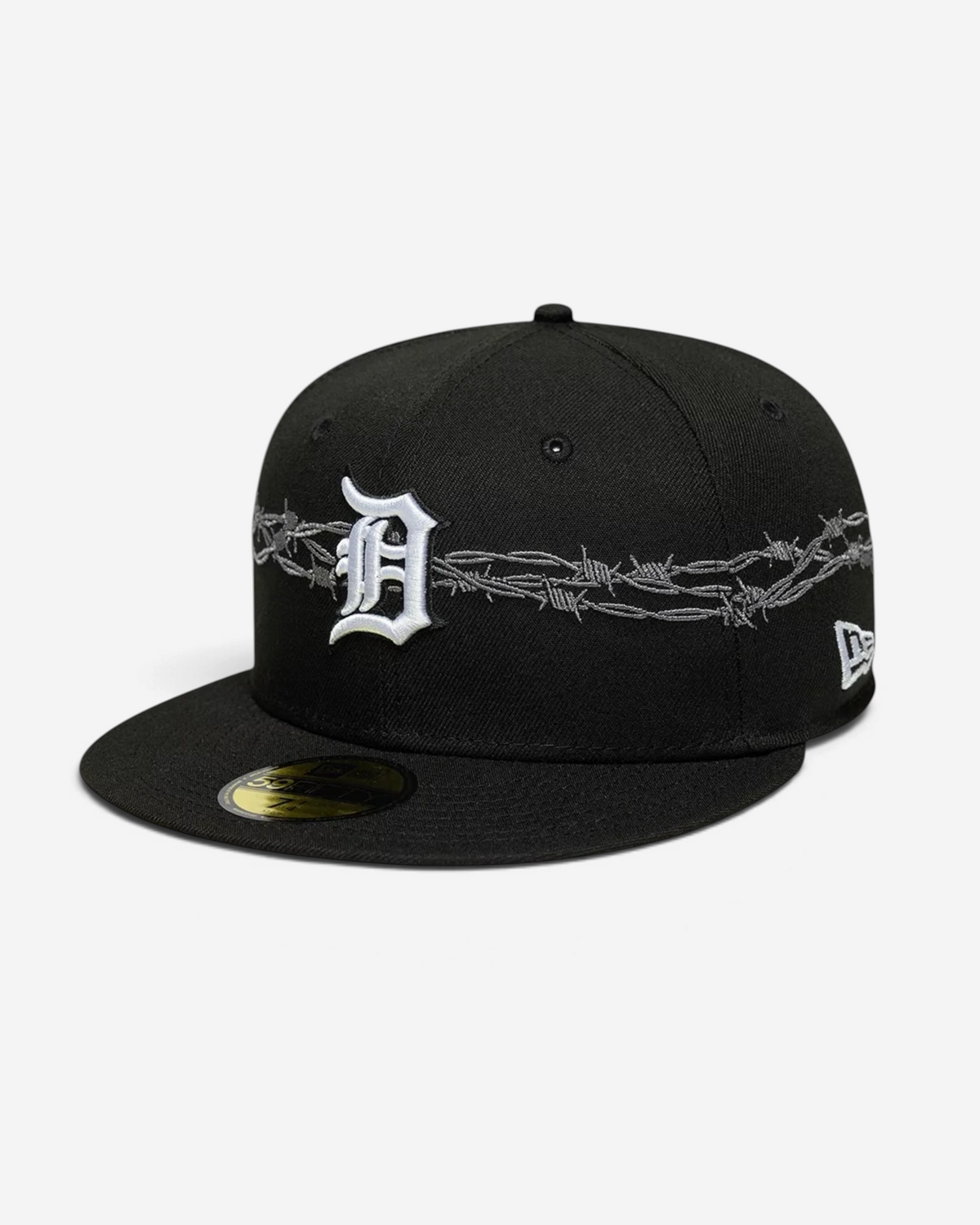 Astrofat black 59FIFTY low profile fitted cap featuring a white Detroit Tigers logo and grey barbed wire embroidery.