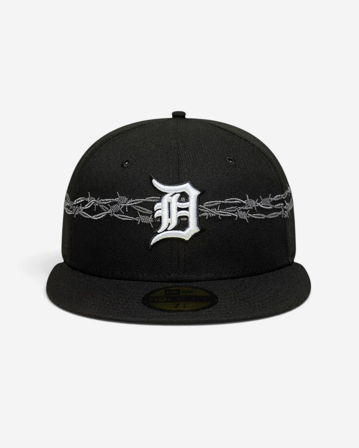 Astrofat black Detroit Tigers 59FIFTY fitted cap with white embroidered logo and grey barbed wire graphic detail.