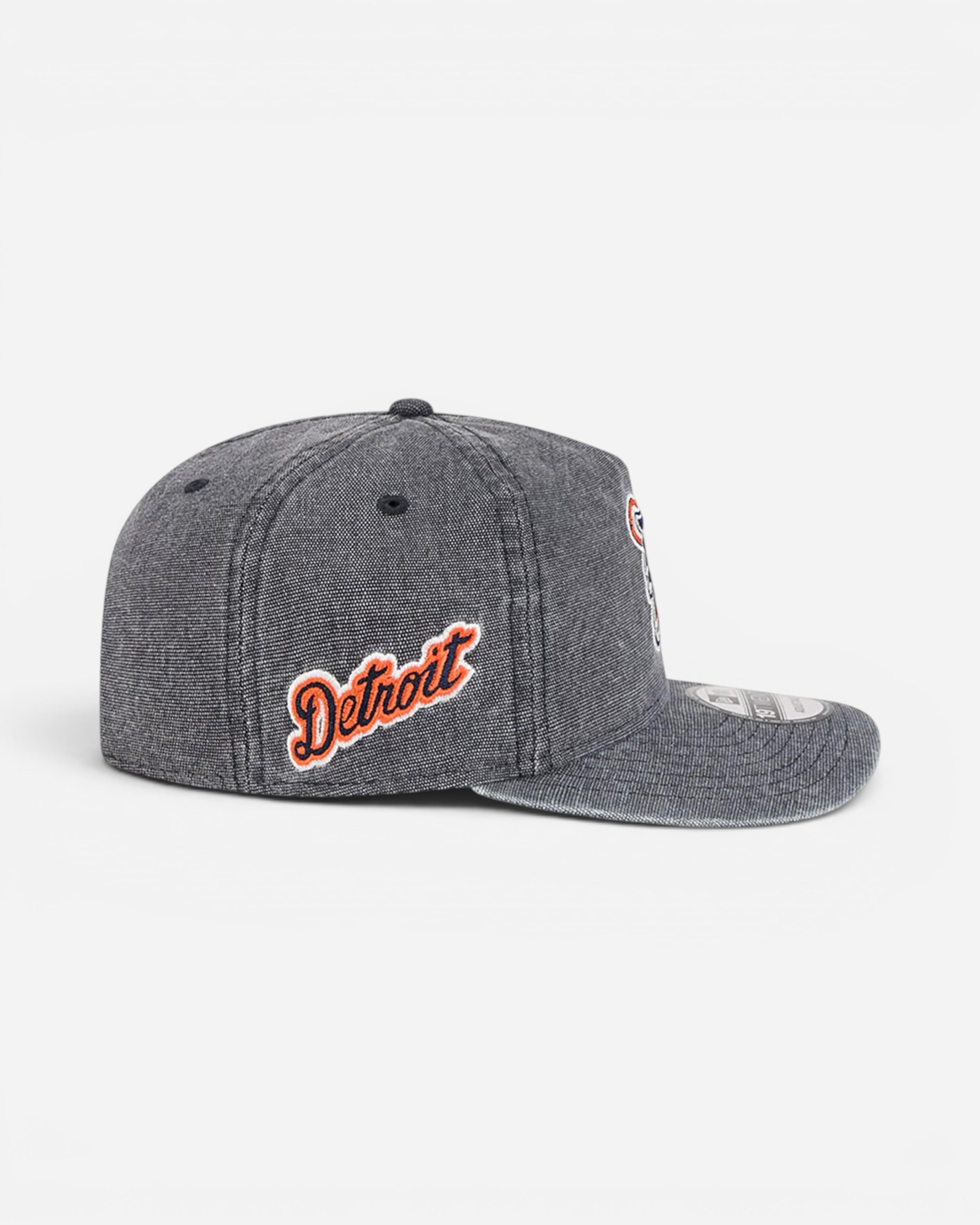 Astrofat Detroit Tigers baseball cap in dark grey denim with orange embroidered lettering and a curved brim.
