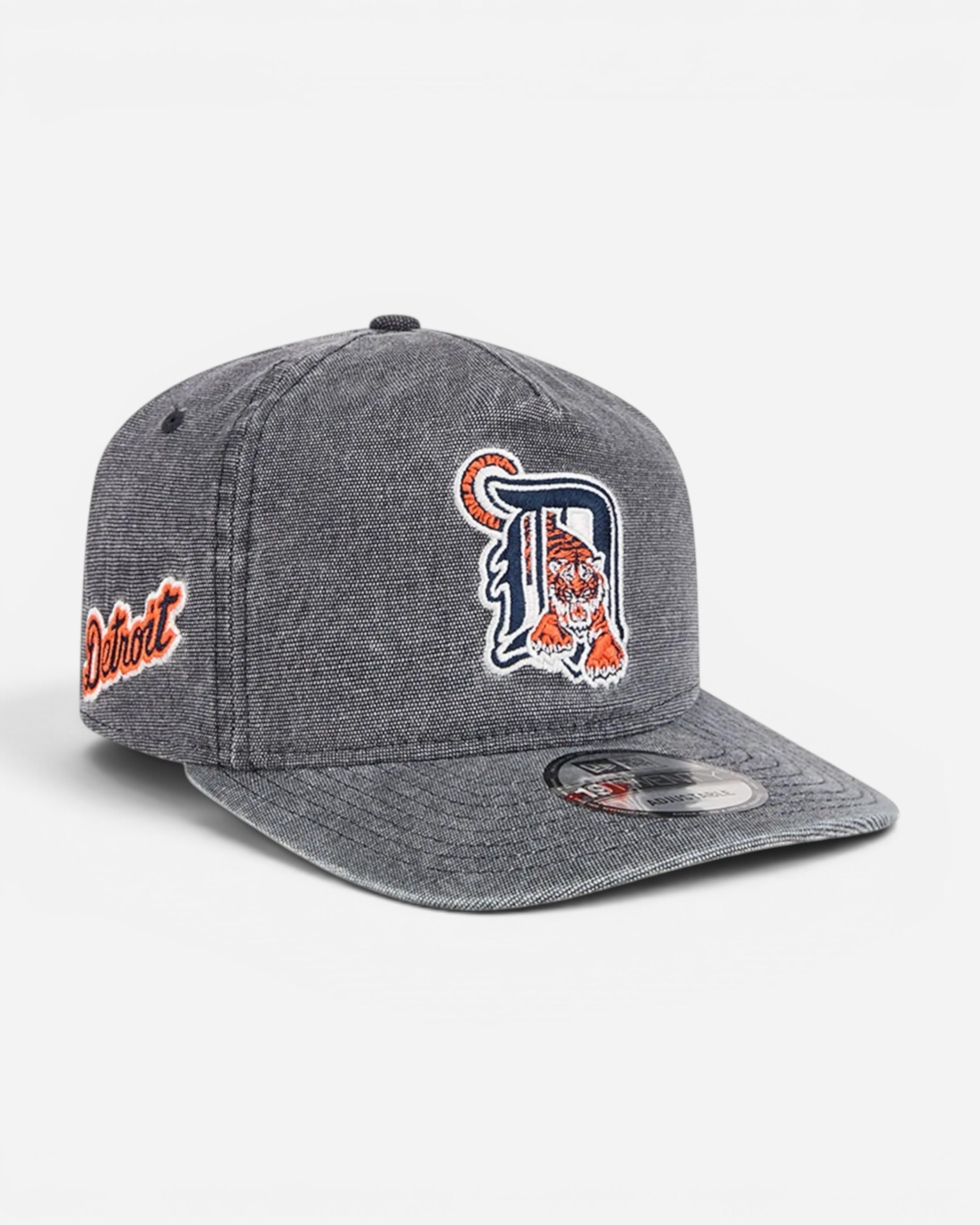 Astrofat Detroit Tigers grey denim baseball cap with embroidered D logo and tiger graphic. Features a curved brim and adjustable strapback.