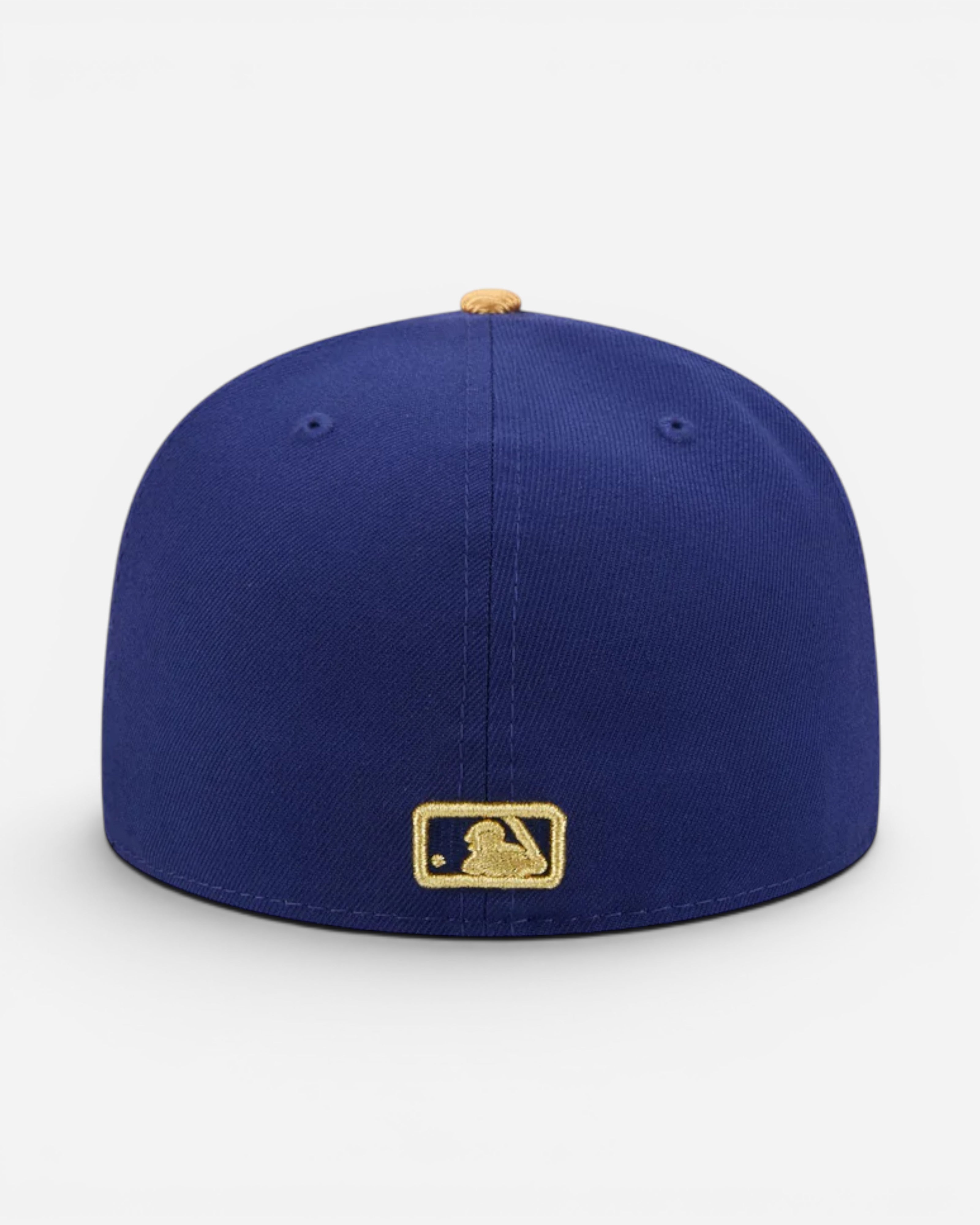 Astrofat dark blue fitted baseball cap with gold MLB logo on back and gold button on top. Los Angeles Dodgers.