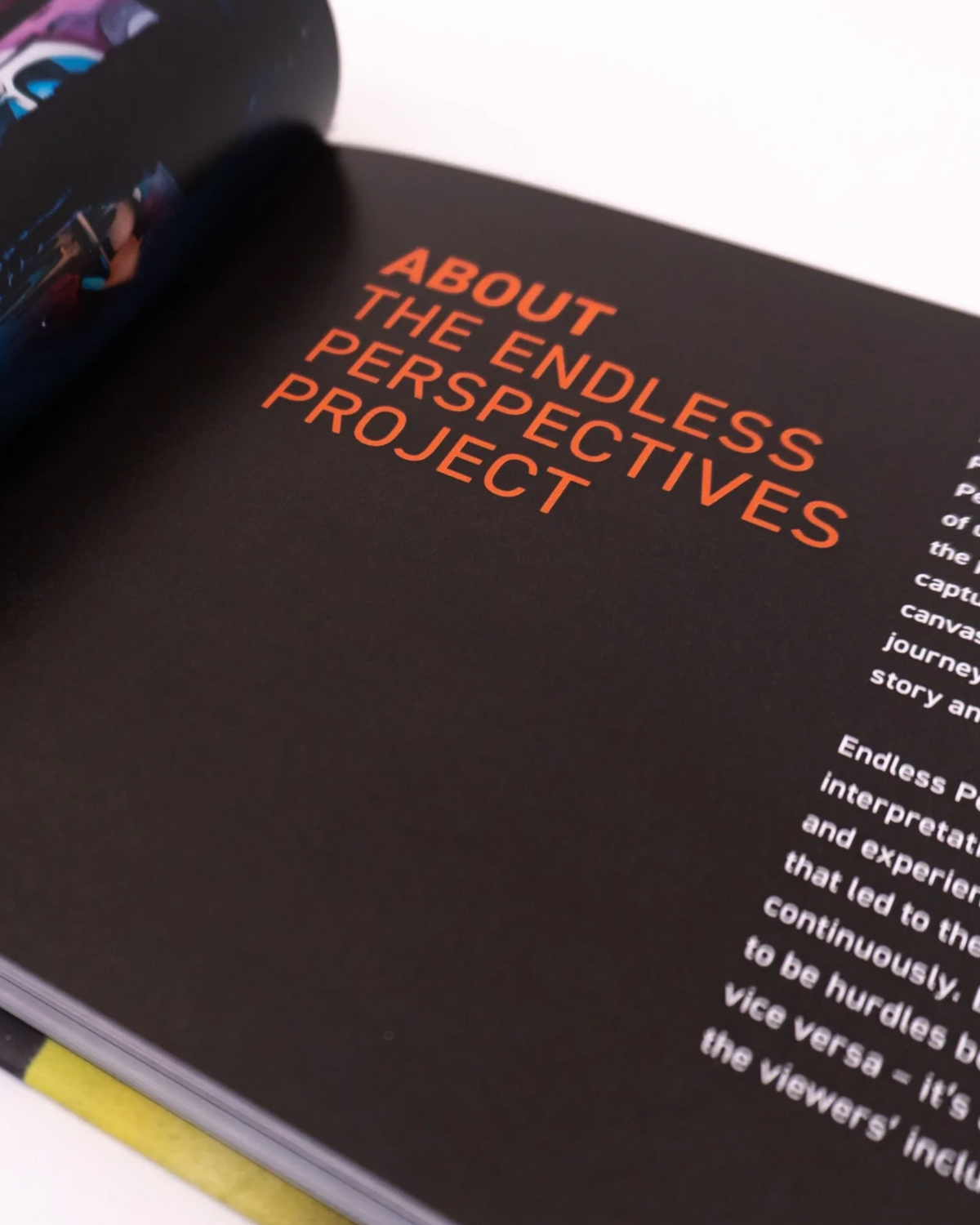 Astrofat DOES First 20 Years book open to a page about the Endless Perspectives project with black and orange text.