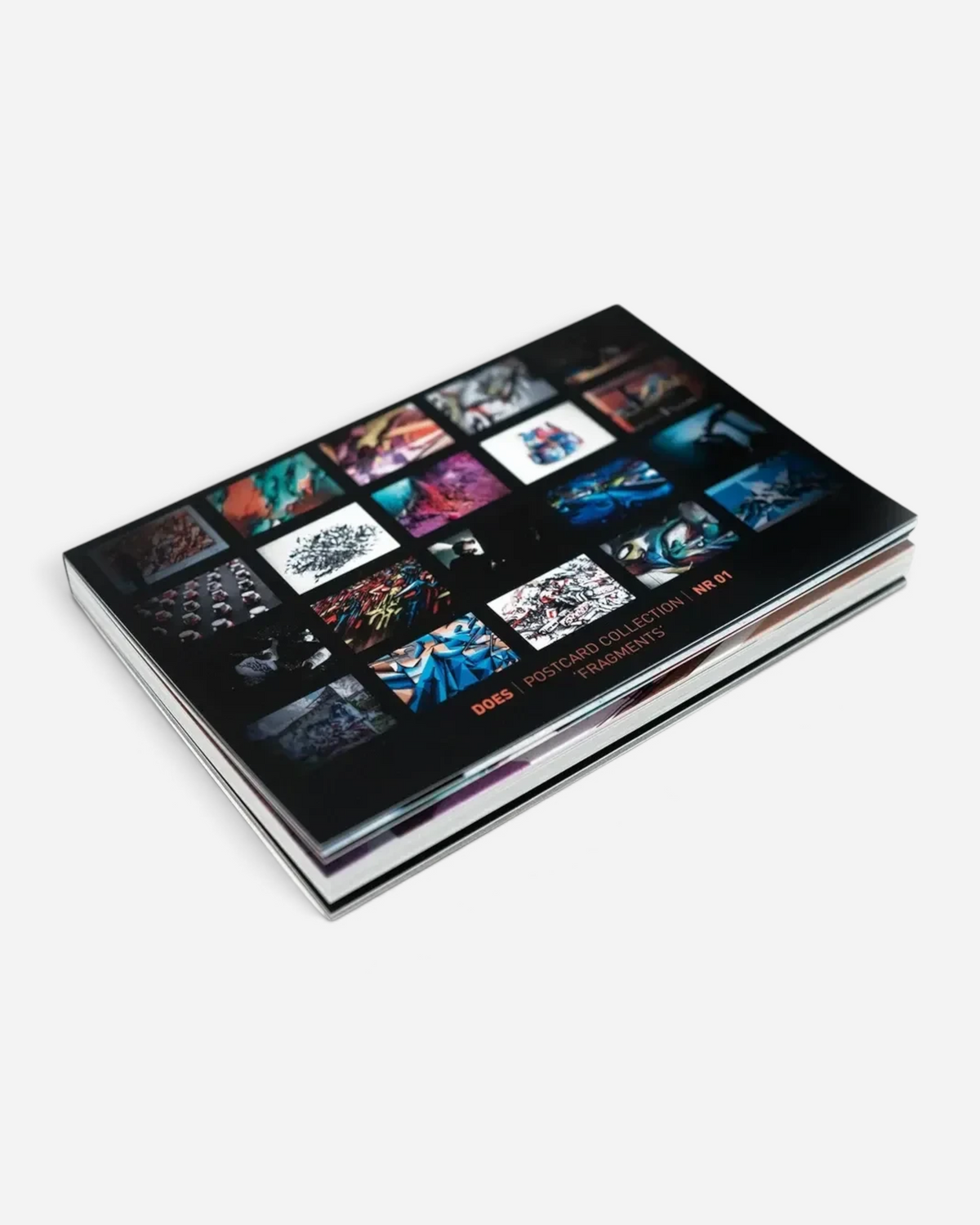 Astrofat DOES Fragments Postcard Set N°1 featuring a collection of vibrant graffiti art prints on a black background