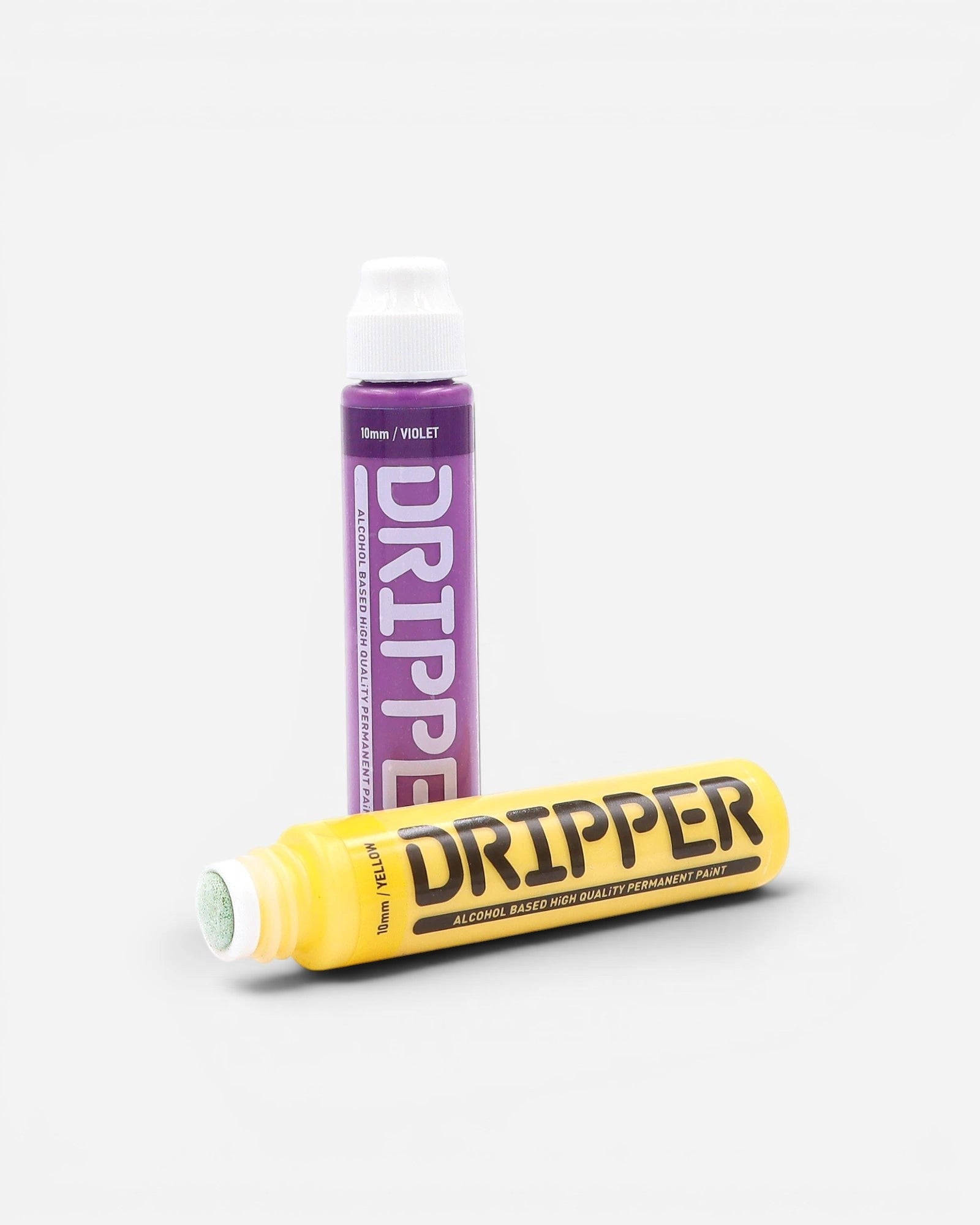 Astrofat Dope Dripper 10mm tagging marker in violet and yellow, with a 10mm chisel tip and alcohol-based permanent paint.