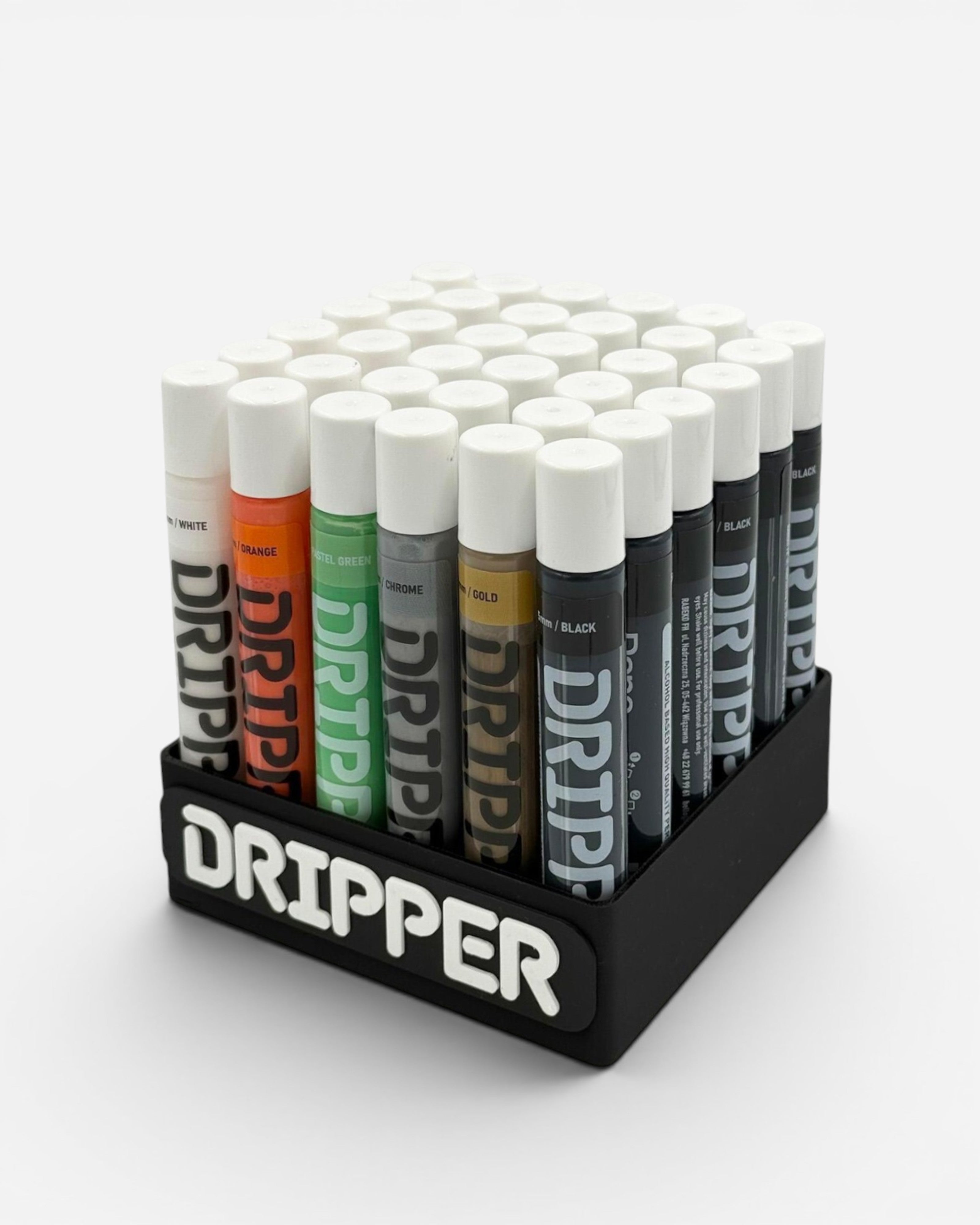Astrofat Dope Dripper 5mm marker display organizer holding 36 empty markers in white, orange, green, chrome, gold, and black.