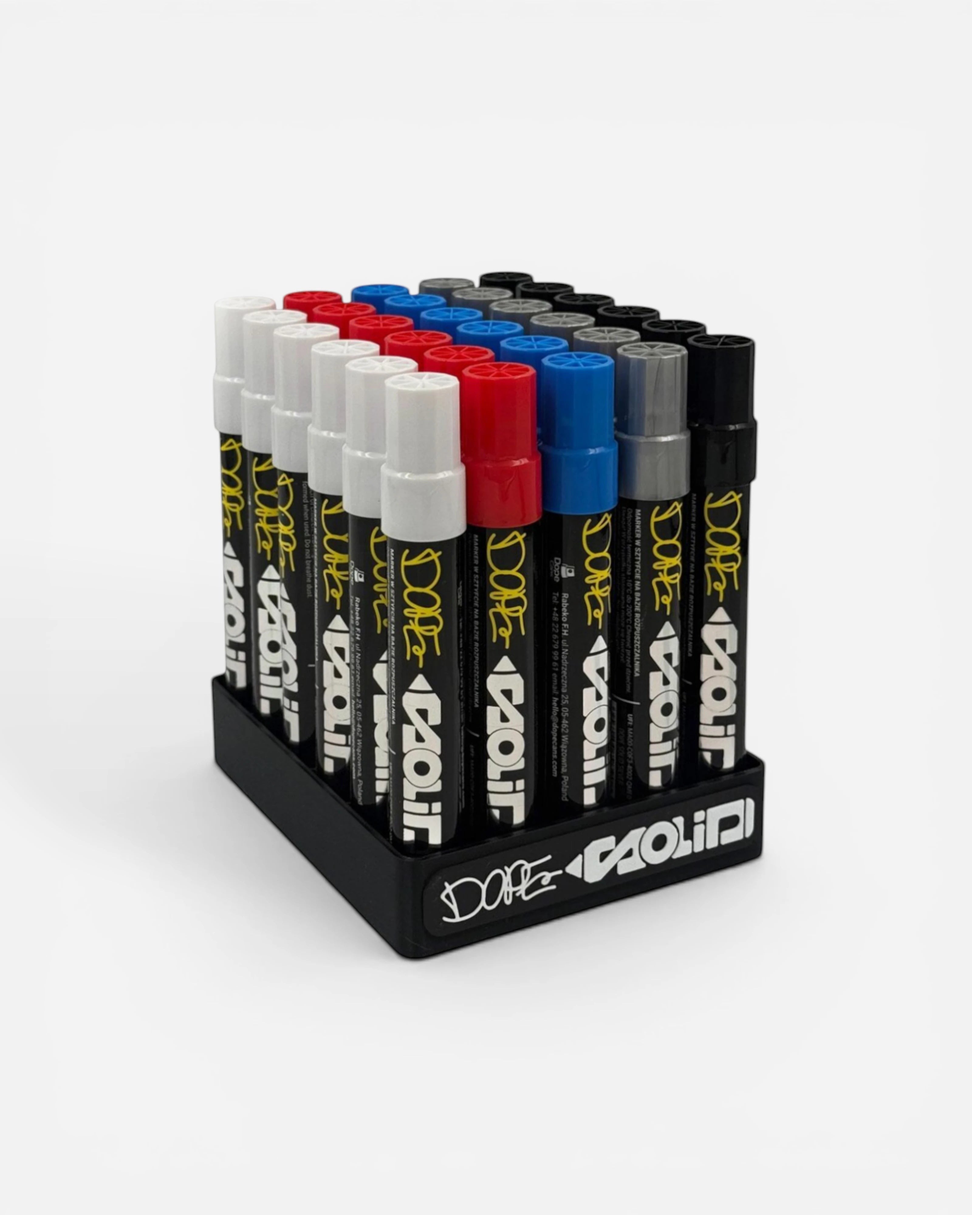 Astrofat Dope Solid Markers display stand for 30 empty markers in white, red, blue, grey, and black.