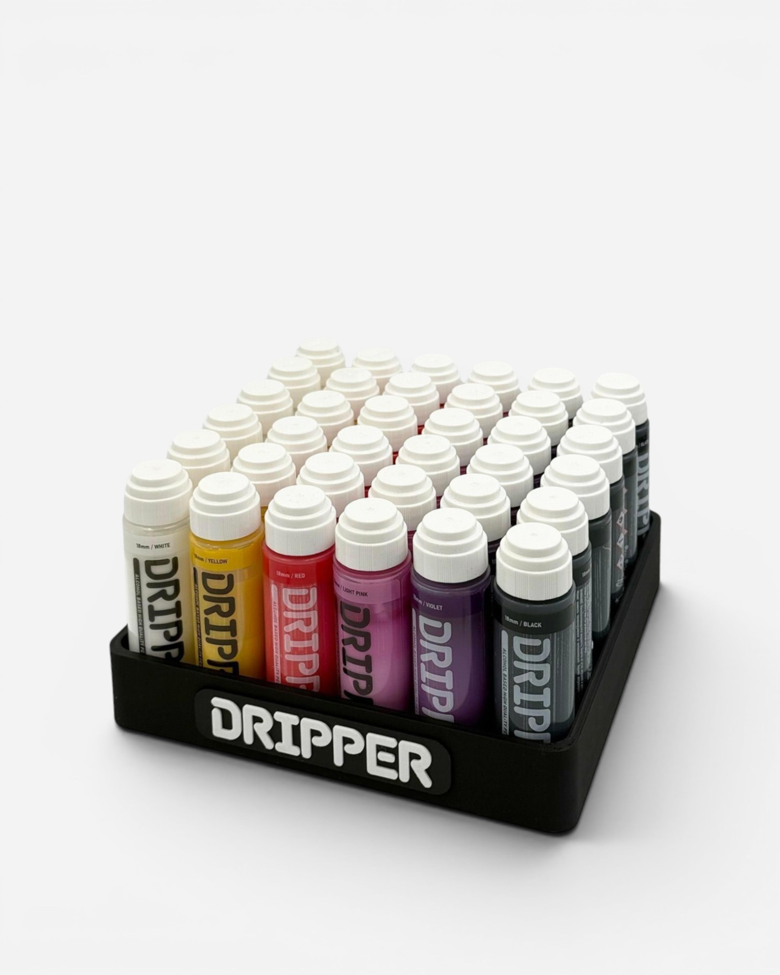 Astrofat Dope Dripper 18mm marker display organizer, black, holding 36 empty markers in white, yellow, red, pink, purple, grey, and black.