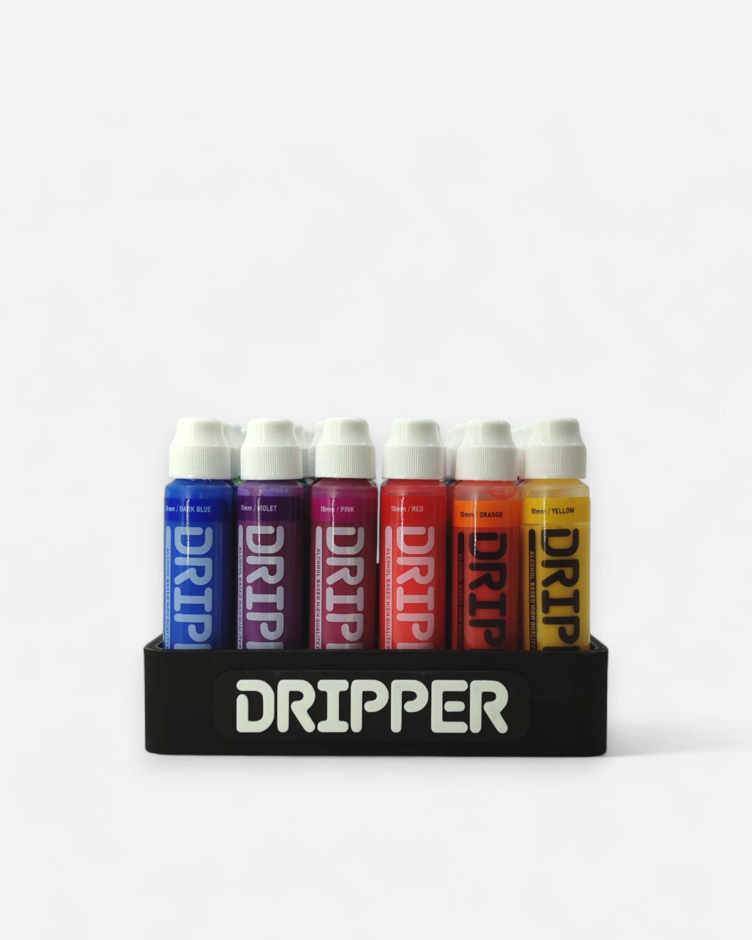 Astrofat Dripper marker display organizer in black, holding 6 colorful 10mm dripper markers in blue, purple, pink, red, orange, and yellow.