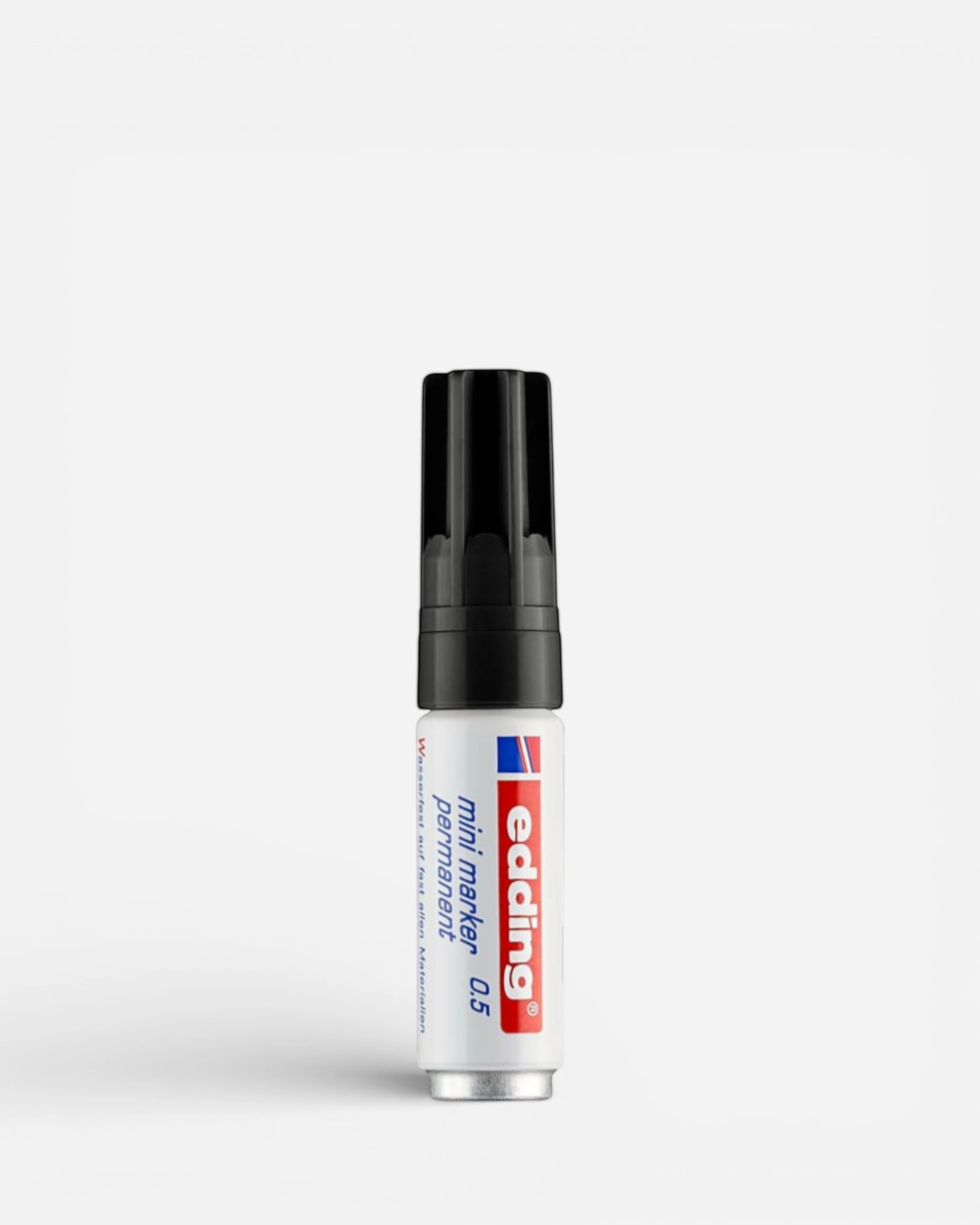 Astrofat Edding mini permanent marker, black cap, white barrel with red and blue logo, 0.5 tip size.
