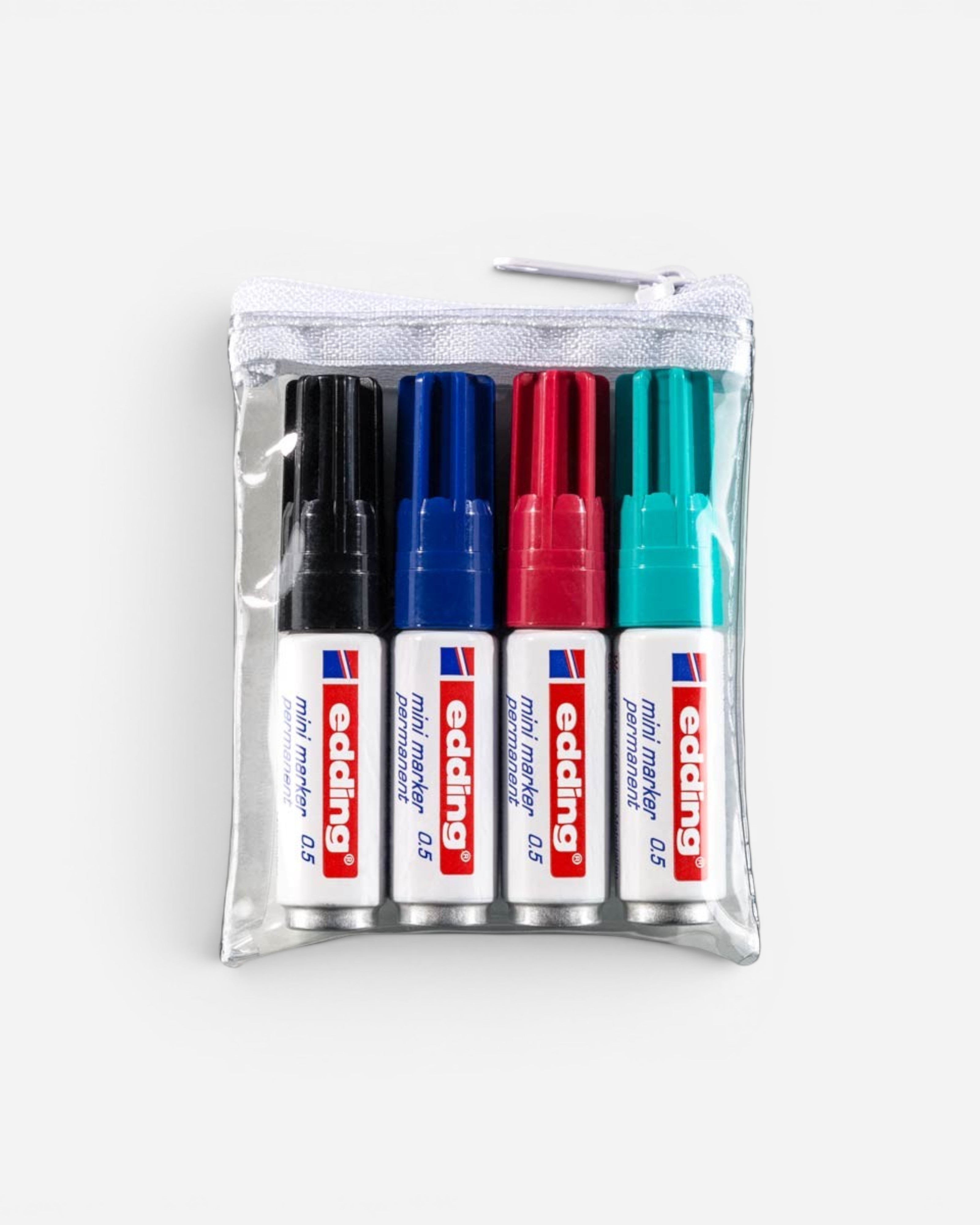 Astrofat set of 4 Edding mini permanent markers in black, blue, red, and green, stored in a clear zip pouch.
