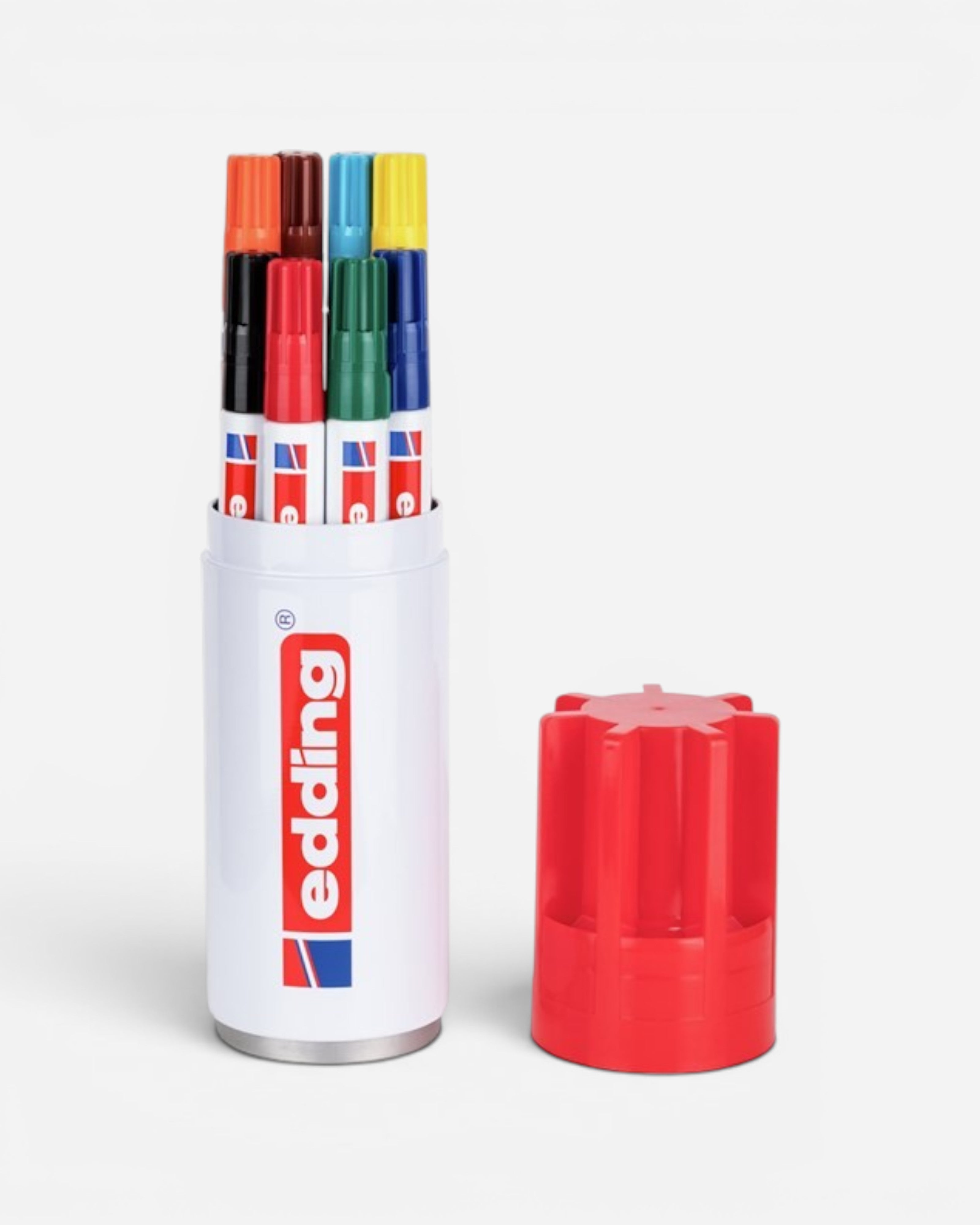 Astrofat Edding 3000 set of 8 mini permanent markers in assorted colors, housed in a white tin with red branding.