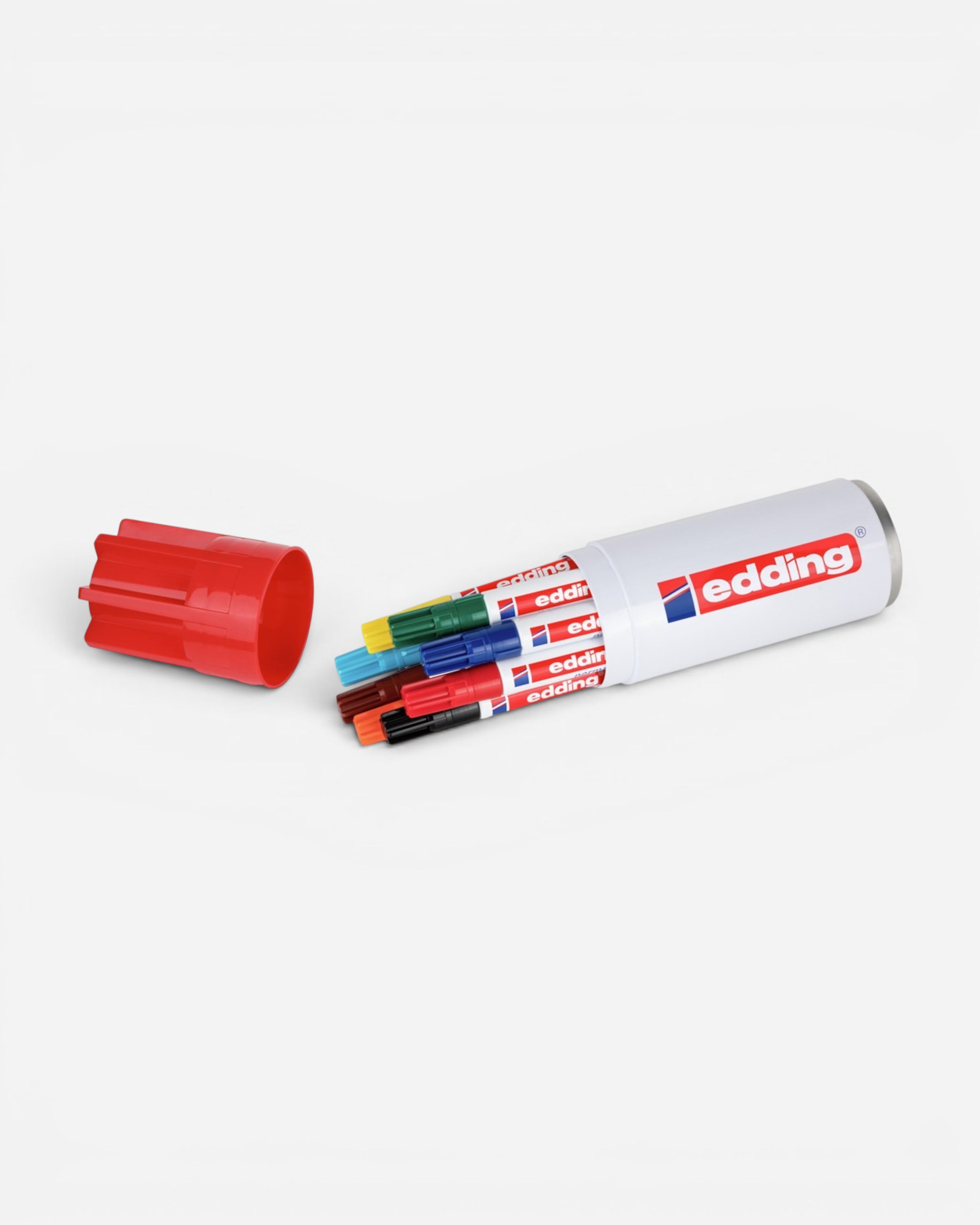 Astrofat Edding 3000 permanent markers set in a white tube with a red cap. Includes 8 assorted colors.