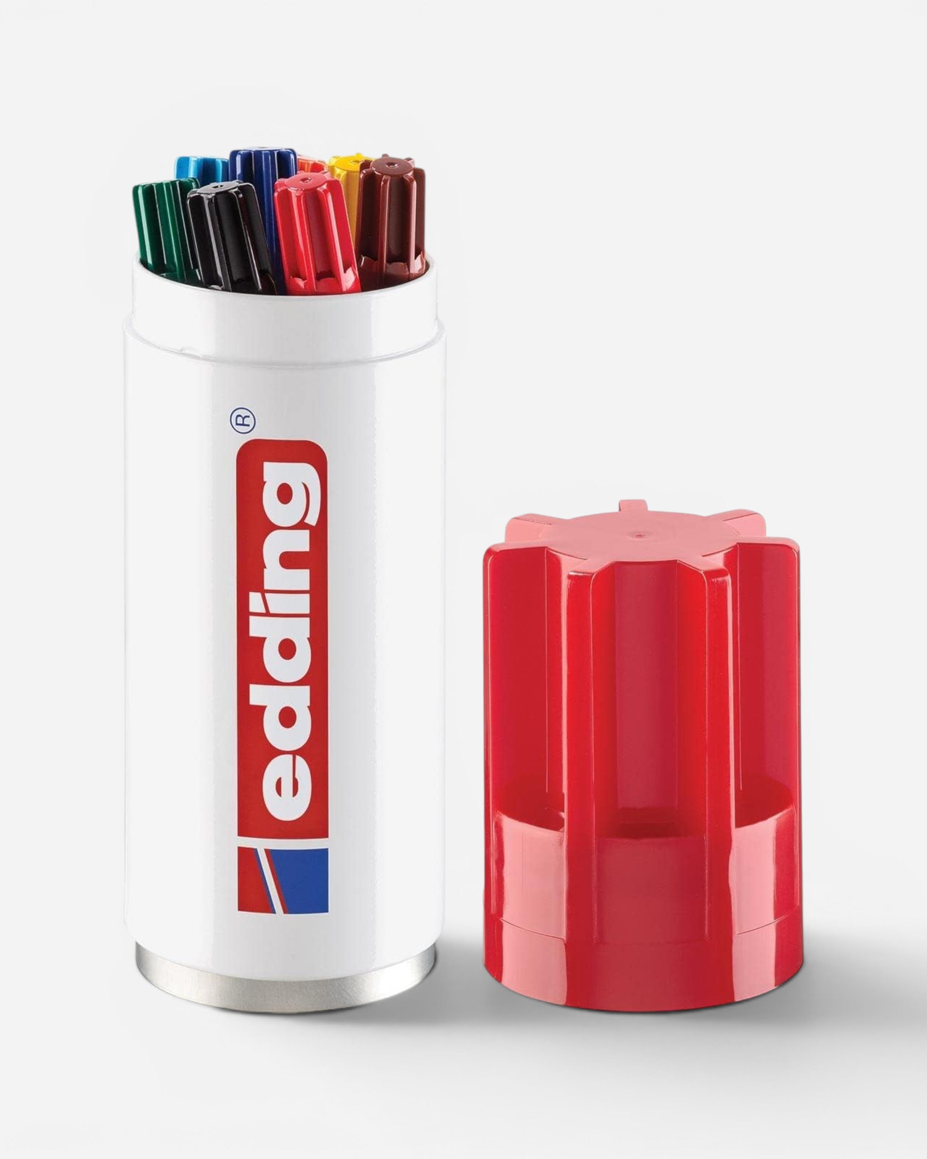 Astrofat Edding 3000 permanent marker set with 8 assorted colors in a white cylindrical case with a red cap.