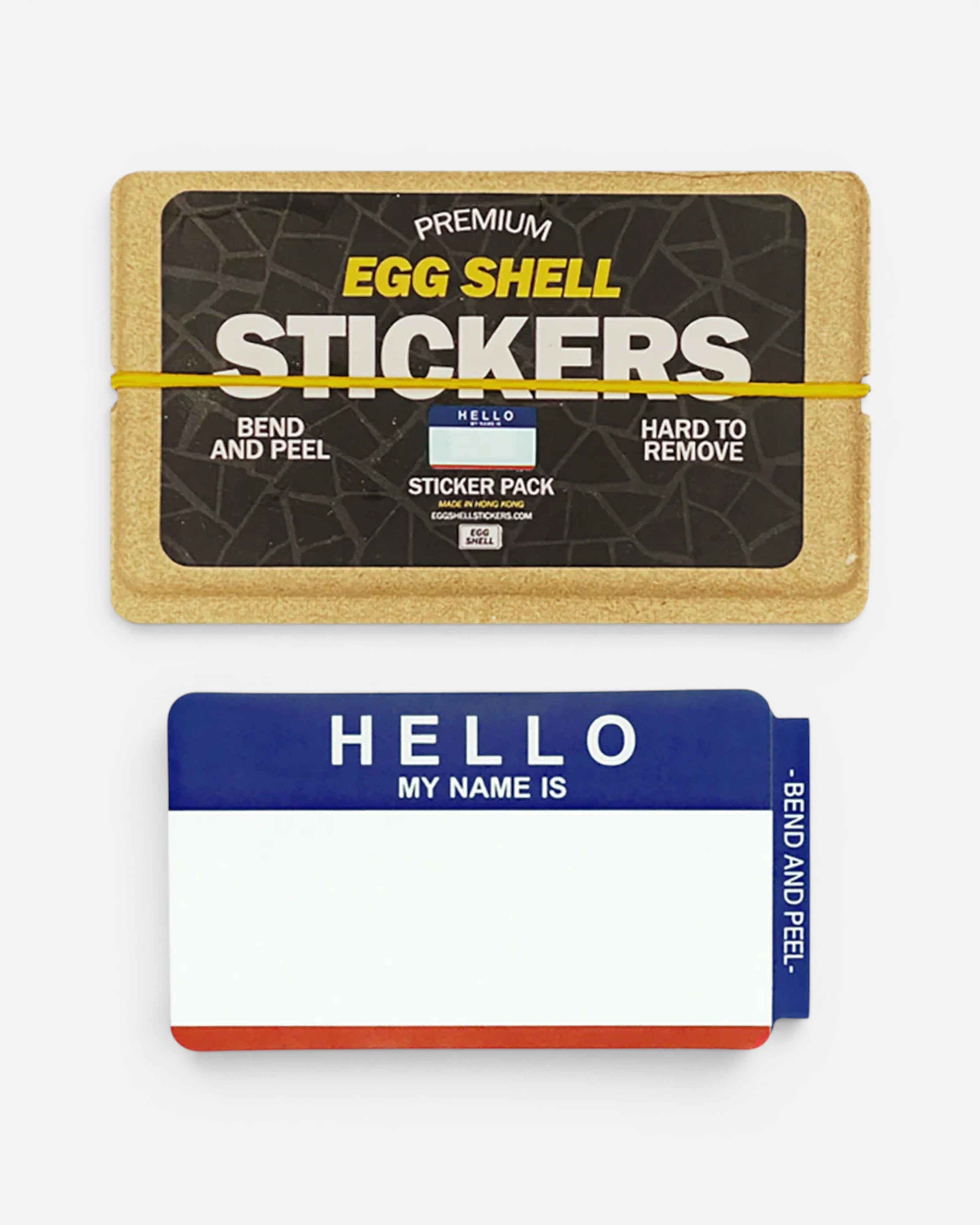Astrofat Egg Shell sticker pack with a Hello My Name Is design in blue and red on a white background