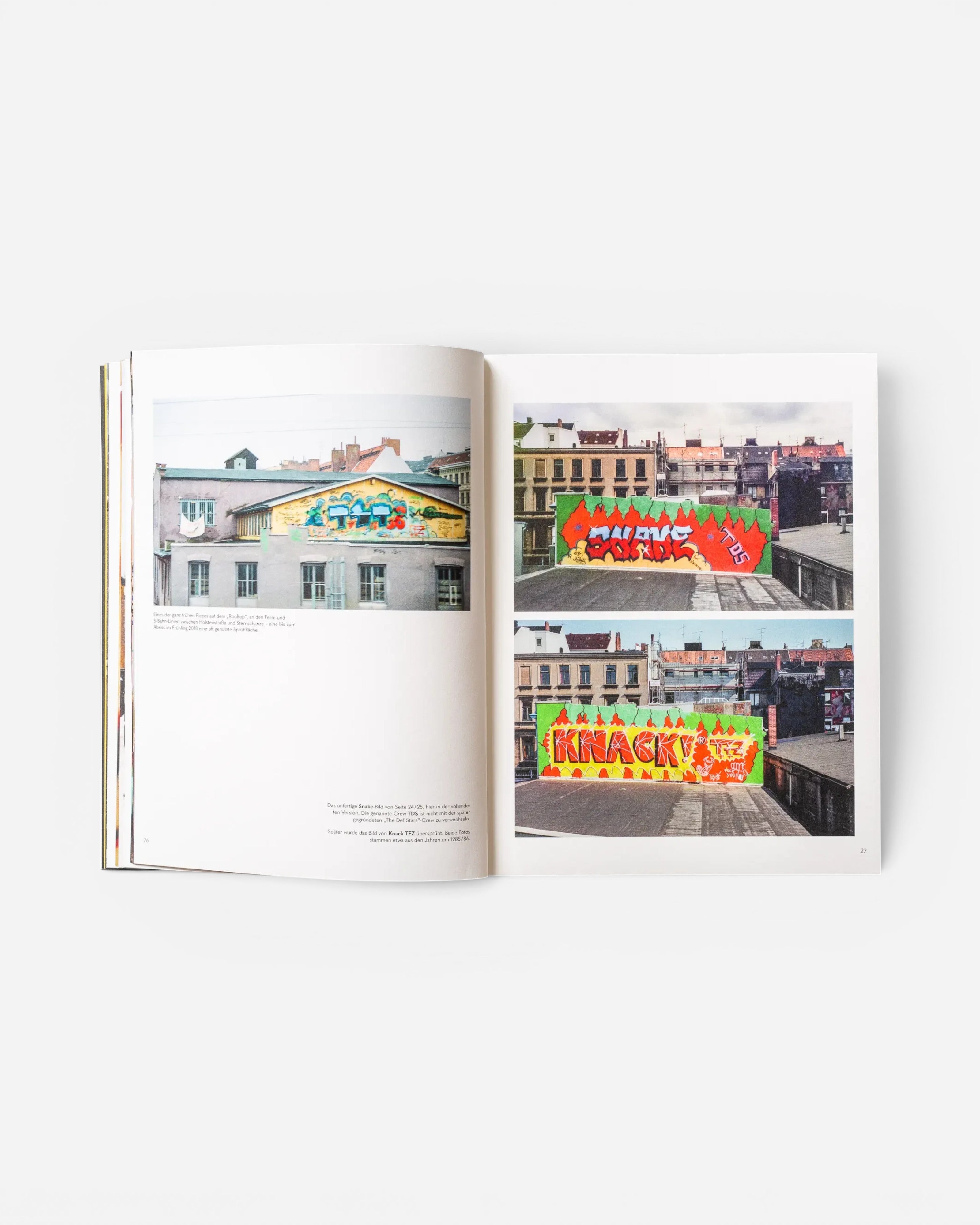 Astrofat EINE STADT WIRD BUNT. FLASHBACK book open to pages showing vintage graffiti rooftop murals in Hamburg.