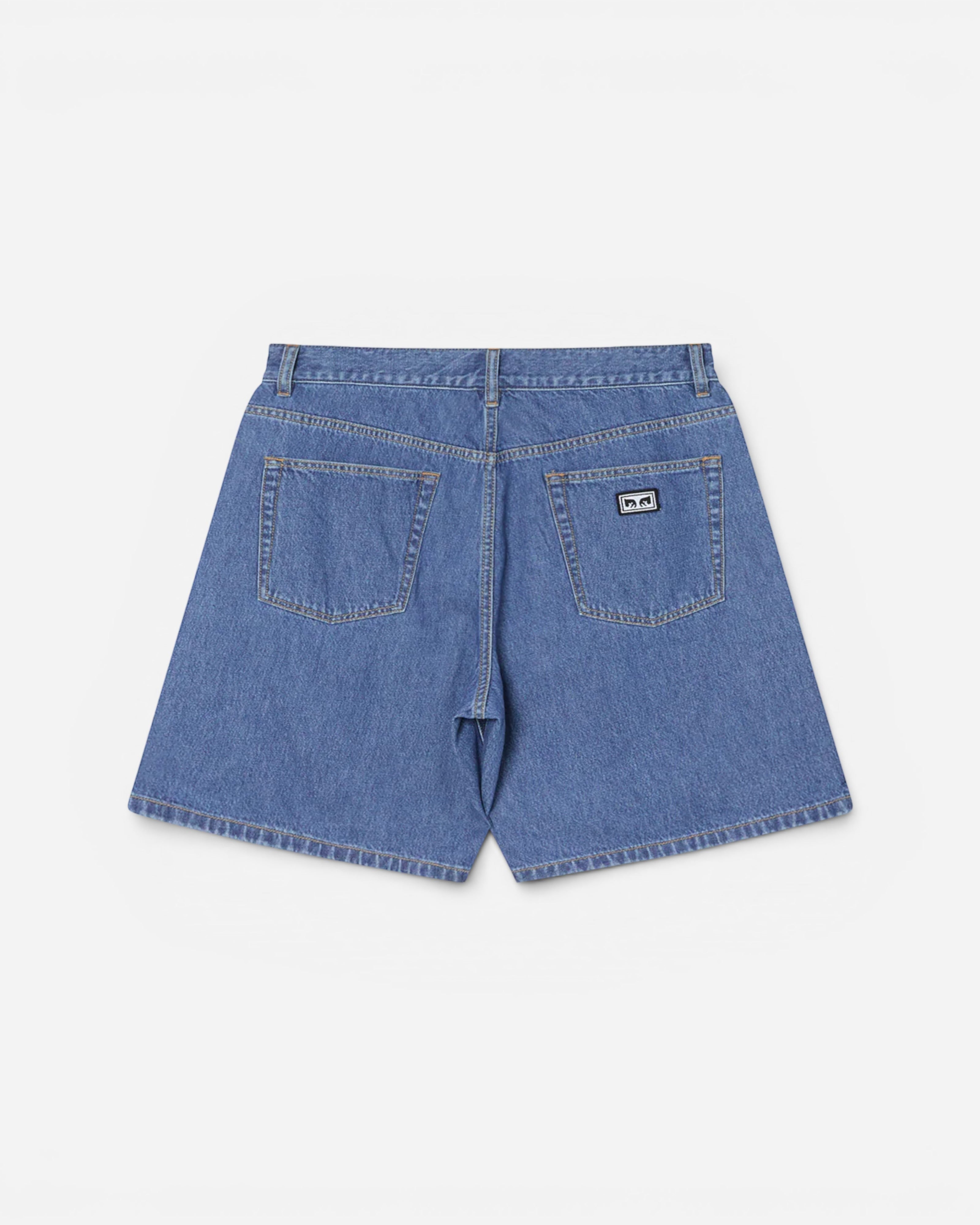 Astrofat Emerson Denim Short in Salty Blue Stone Wash. Features a baggy fit, 5-pocket style, and button/zip closure.