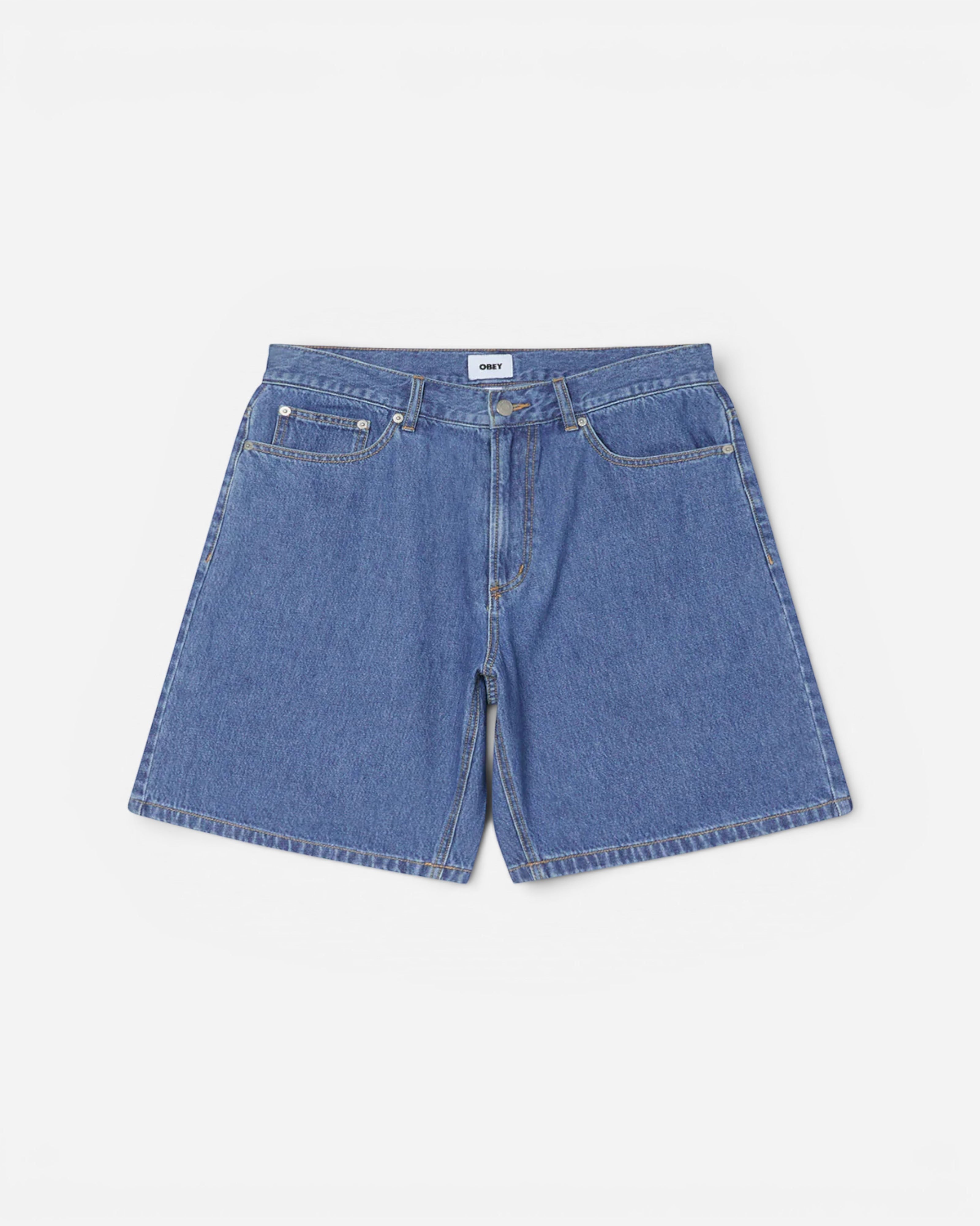 Astrofat Emerson Denim Short in Salty Blue Stone Wash. Features a baggy fit, button and zip closure, and 5-pocket styling.