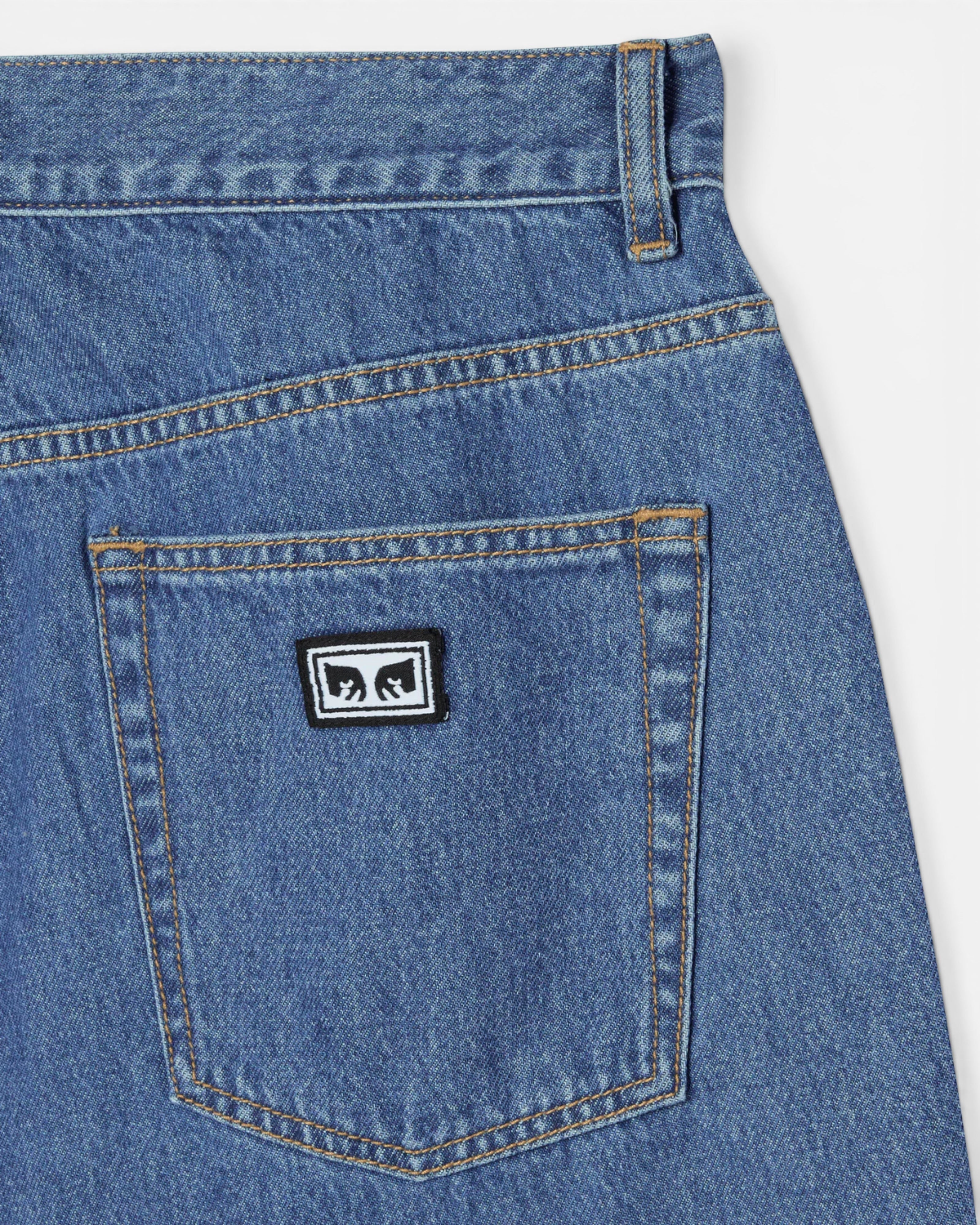 Astrofat Emerson Denim Short in Salty Blue Stone Wash. Features a baggy fit, 5-pocket style, and button/zip closure.