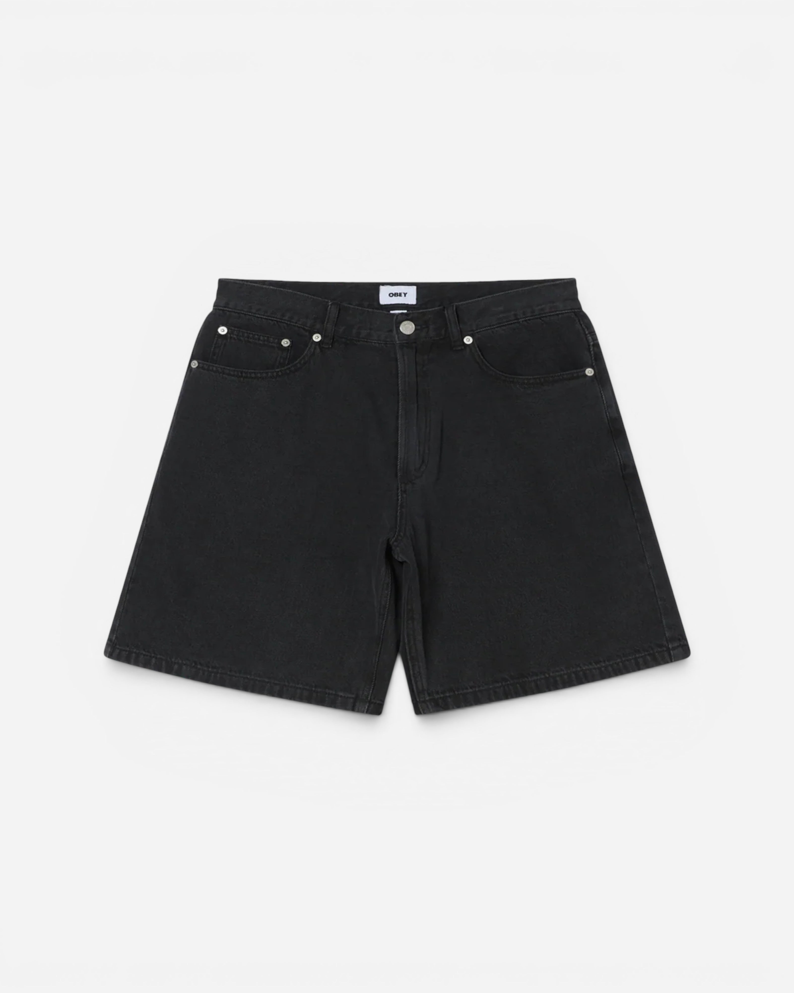 Astrofat Emerson Denim Short in washed black, featuring a button and zip closure, five-pocket style, and a relaxed fit.