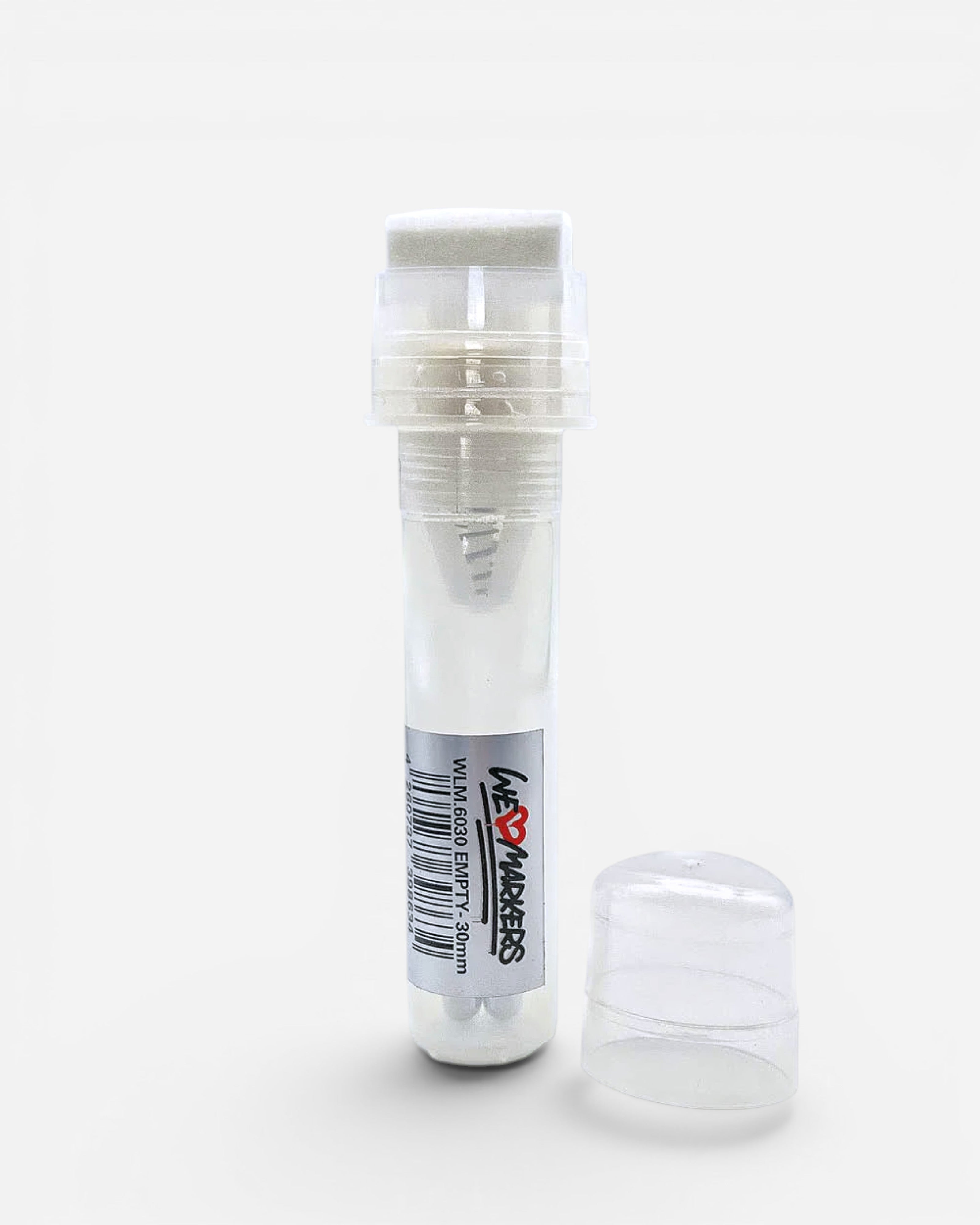 Astrofat WeLoveMarkers 30mm empty marker with a white acrylic ink reservoir and clear cap. Ideal for graffiti art.