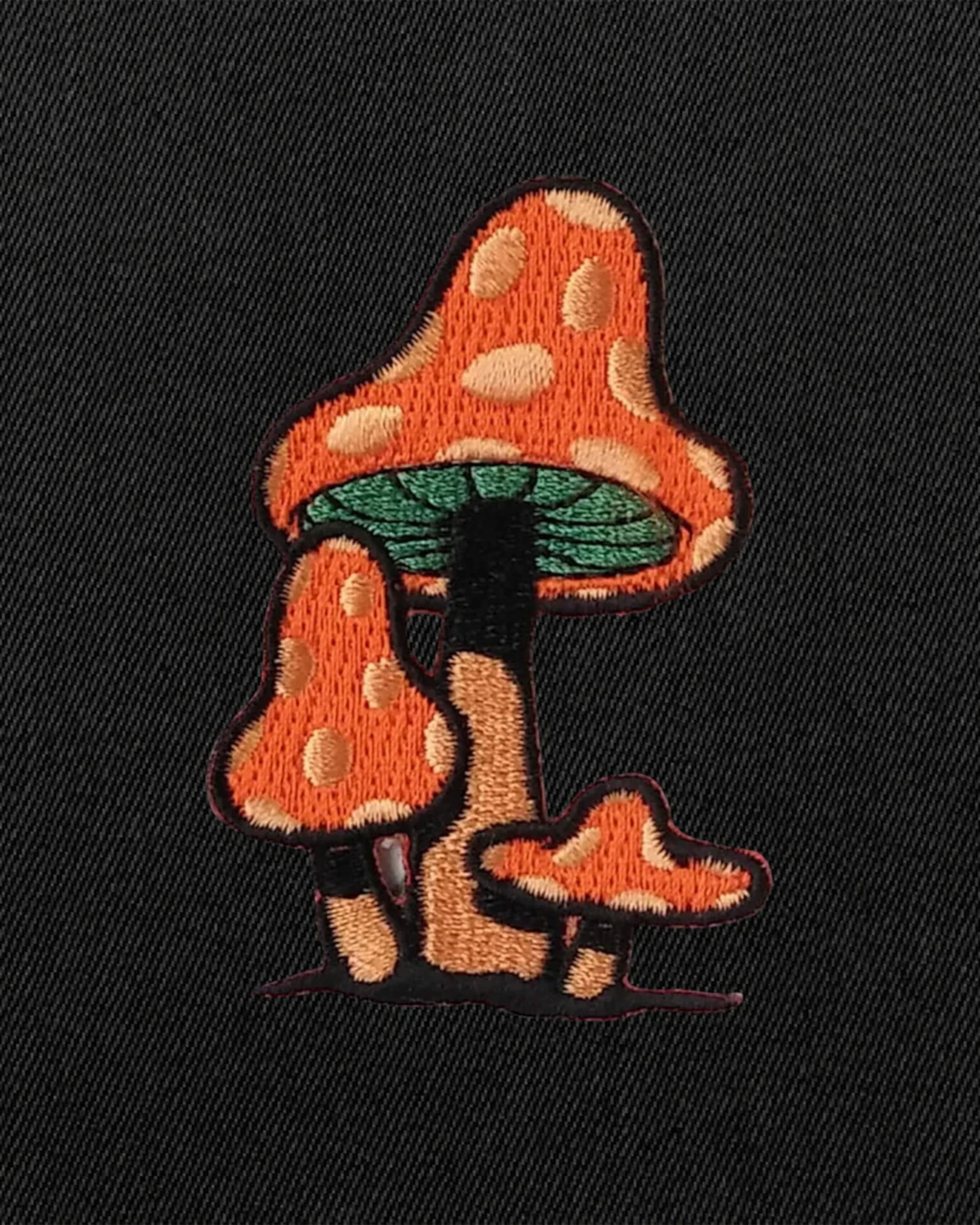 Astrofat European Fantasy black t-shirt with embroidered orange and white spotted mushrooms and green gills.