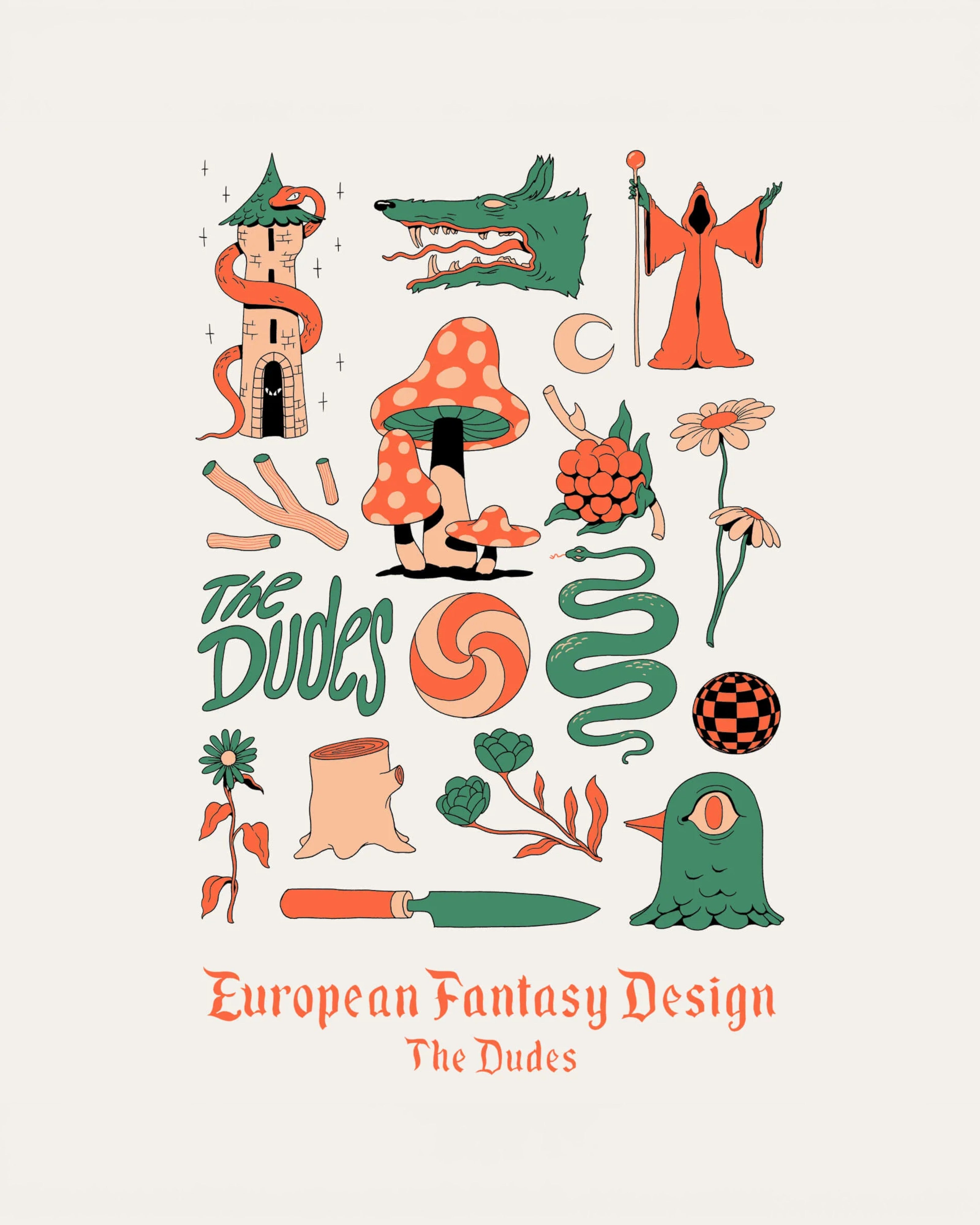 Astrofat European Fantasy Design tee in off-white, featuring whimsical illustrations of a tower, wolf, wizard, mushrooms, snake, and more.