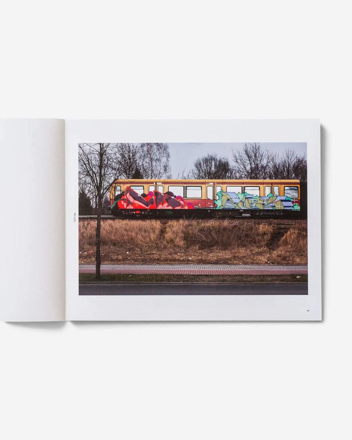 A page from the Astrofat book Farbzüge showing a yellow Berlin train covered in vibrant graffiti moving past trees.