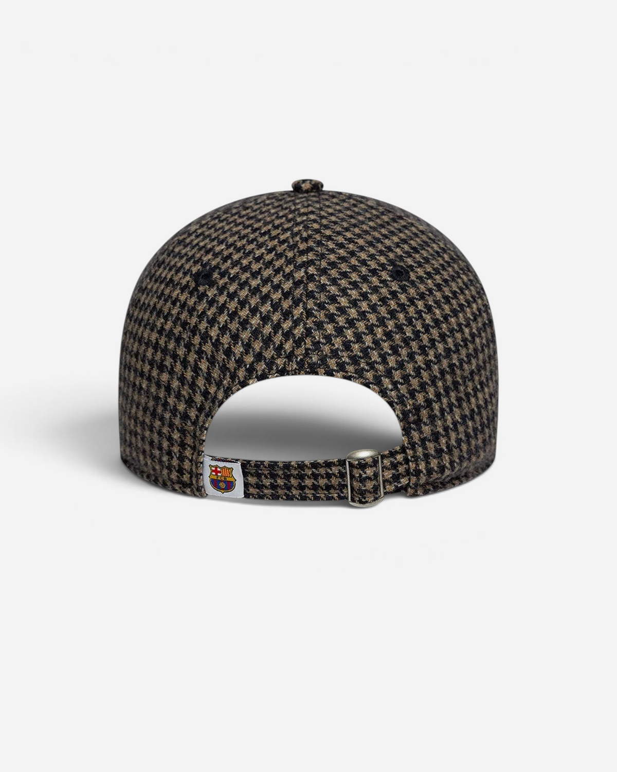 Astrofat 9TWENTY FC Barcelona brown houndstooth cap with adjustable metal buckle strap and team logo tab.