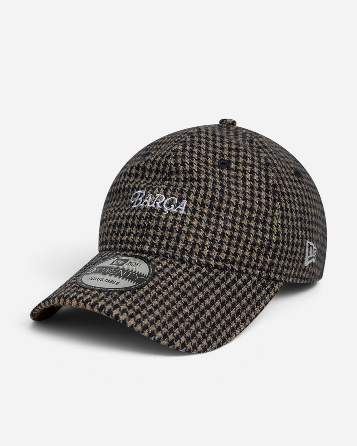 Astrofat 9TWENTY FC Barcelona brown houndstooth adjustable cap with embroidered white logo and metal buckle closure.
