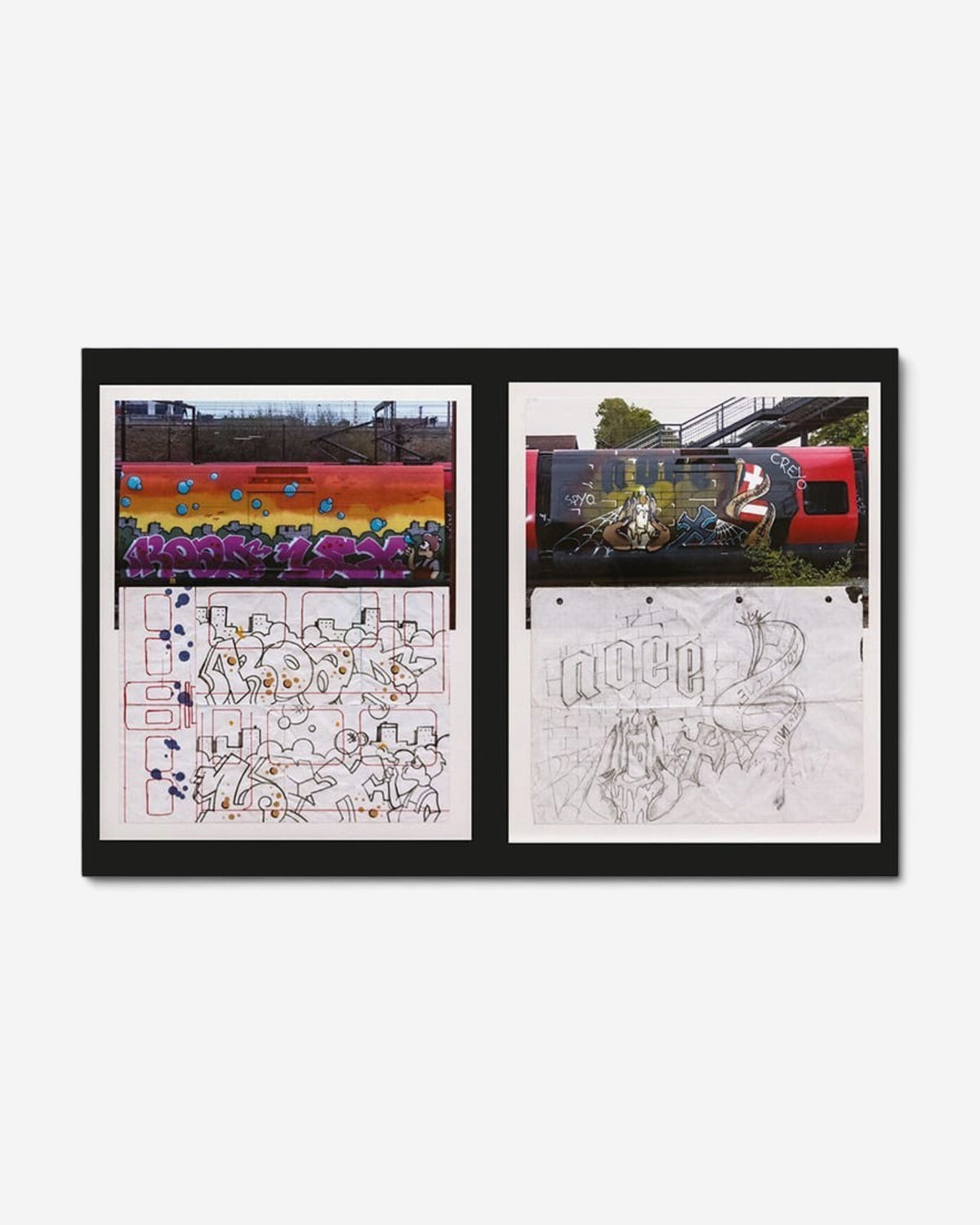 Astrofat From Sketch To Piece graffiti book showing side-by-side comparisons of original sketches and painted trains.