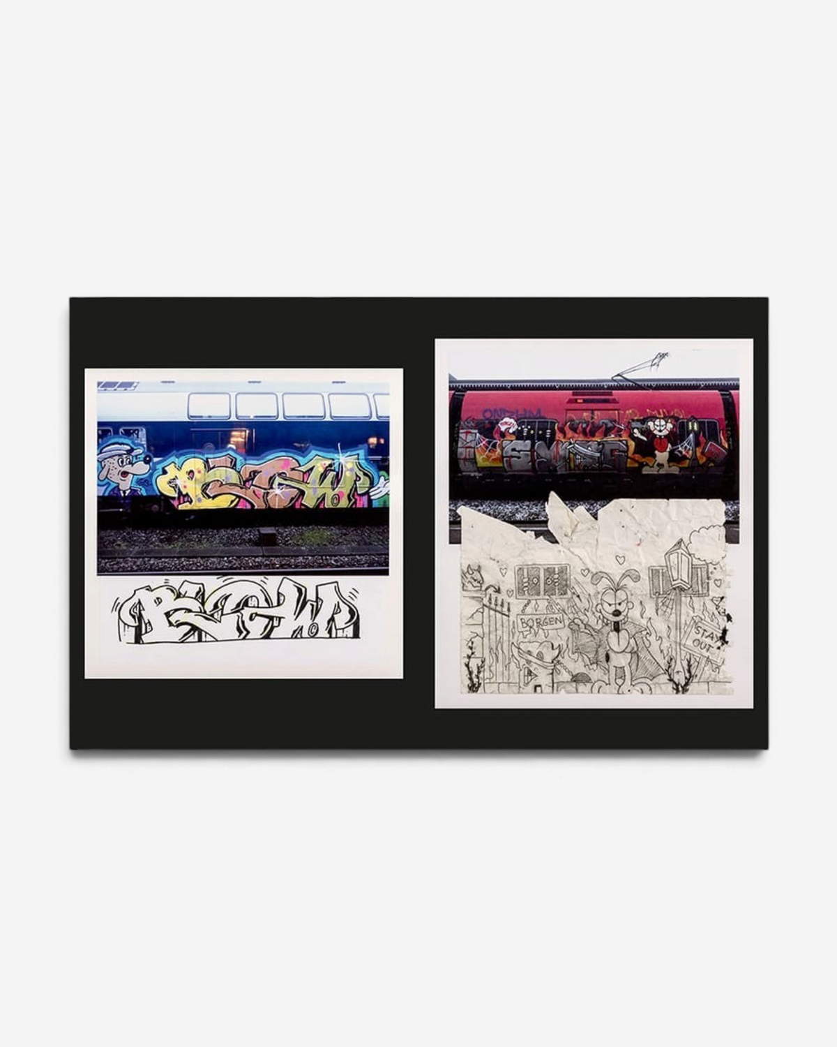 Astrofat From Sketch To Piece graffiti book showing side-by-side comparisons of original sketches and painted trains.