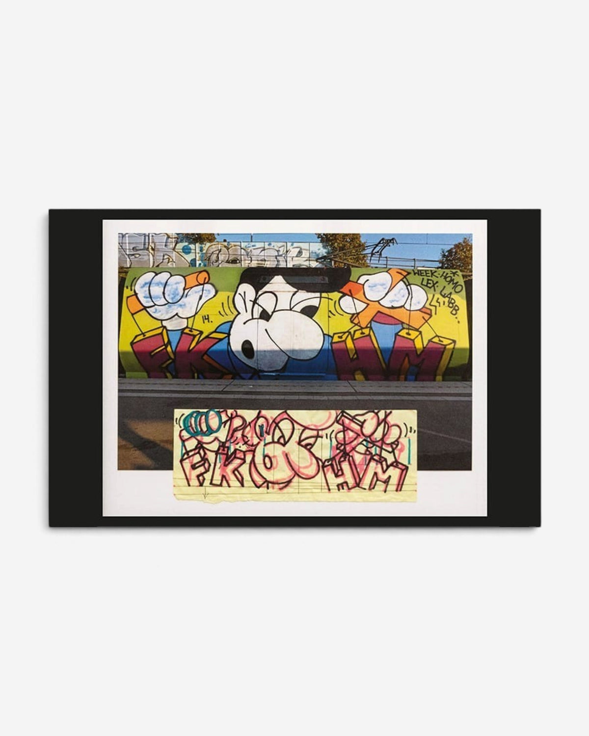 Astrofat From Sketch To Piece book page showing a graffiti sketch above a finished train mural by Danish writers.