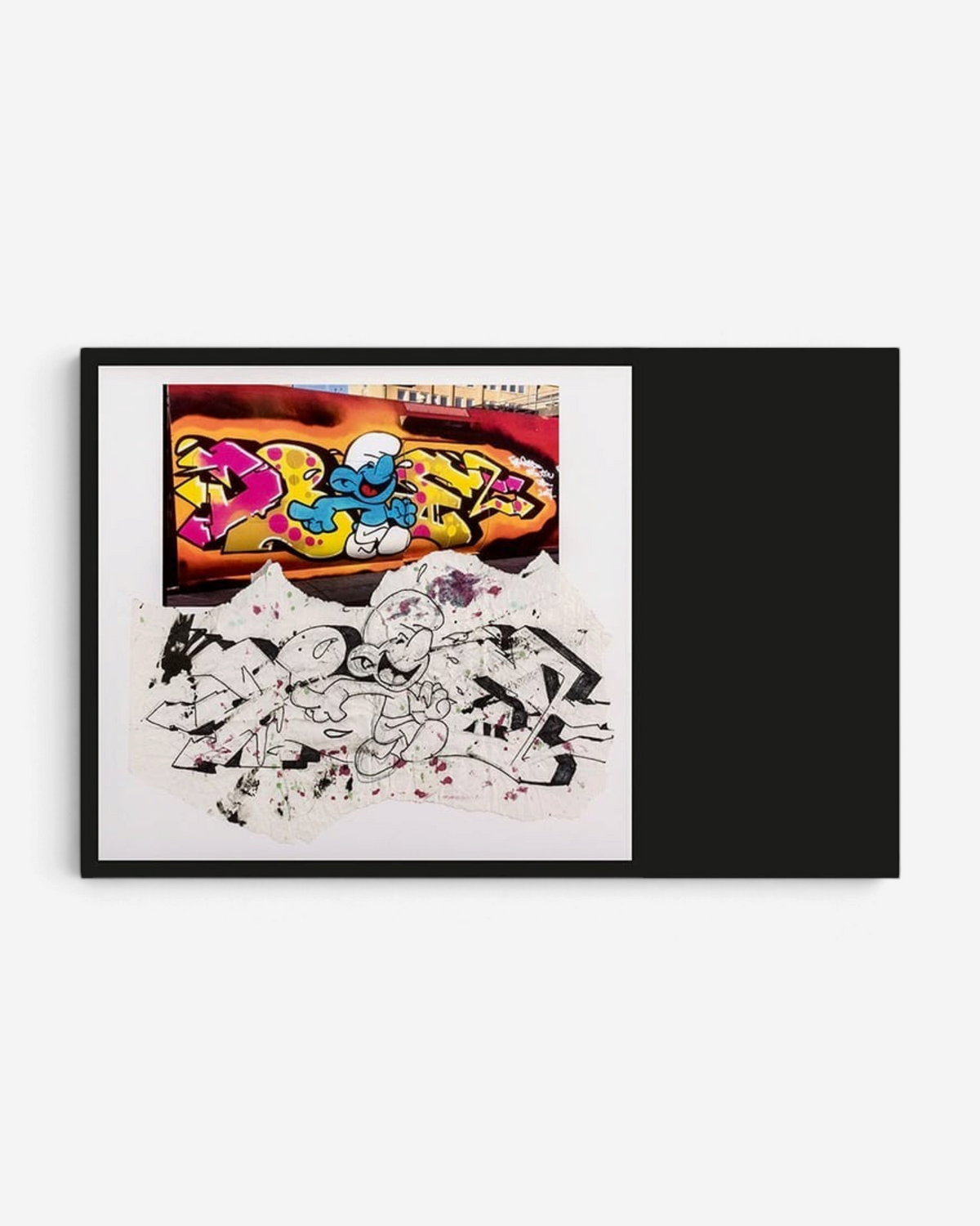 Astrofat From Sketch To Piece graffiti book showing a Smurf character sketch alongside its final painted wall mural.