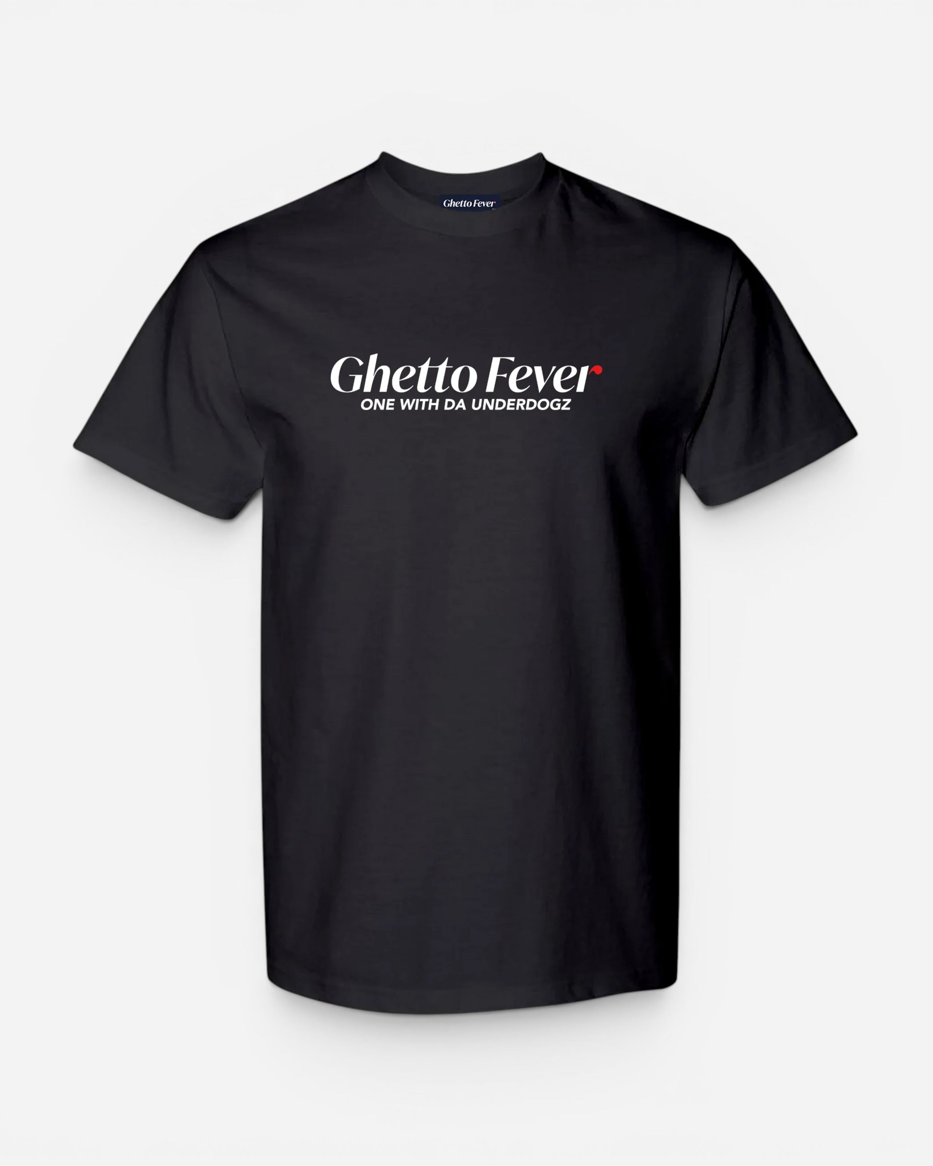 Astrofat black cotton t-shirt featuring the Ghetto Fever classic logo and text print in white and red.