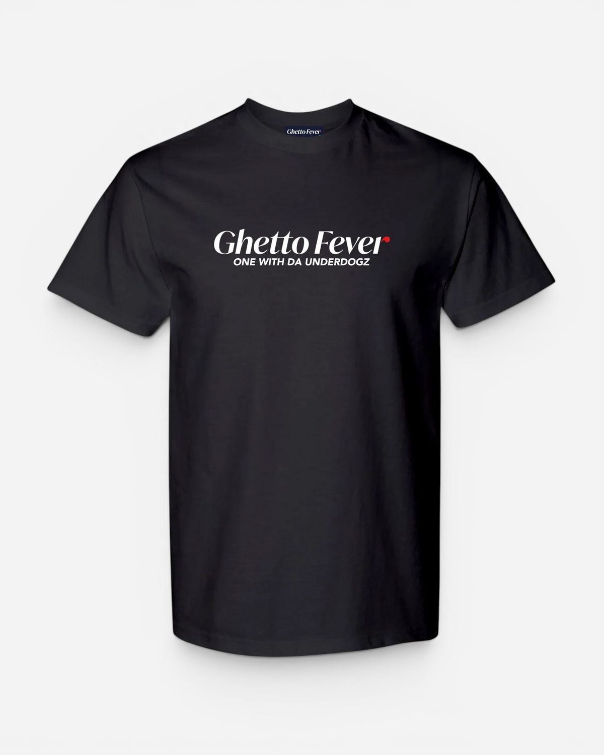 Astrofat black cotton t-shirt featuring the Ghetto Fever classic logo and text print in white and red.