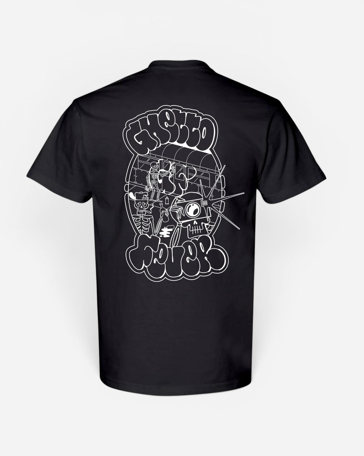 Astrofat Ghetto Fever black cotton t-shirt featuring a white screen-printed graphic of skeletons on the back.