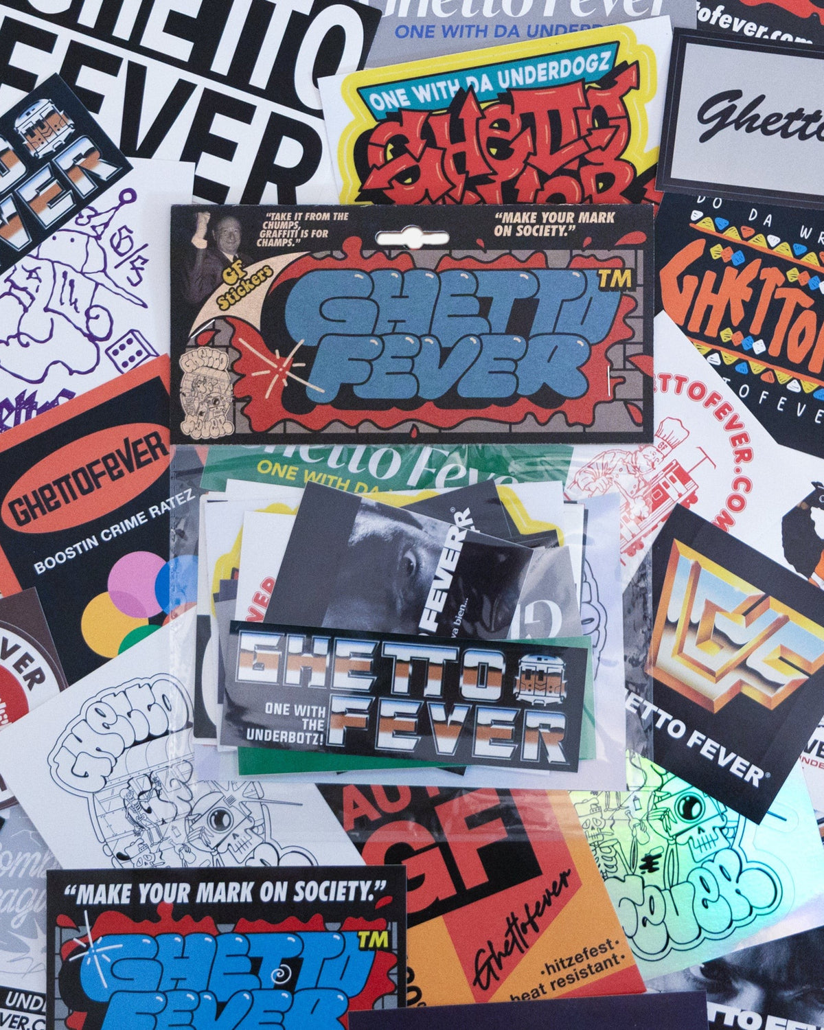 Astrofat Ghetto Fever sticker pack featuring 20 assorted weather-resistant vinyl decals with matte satin finish