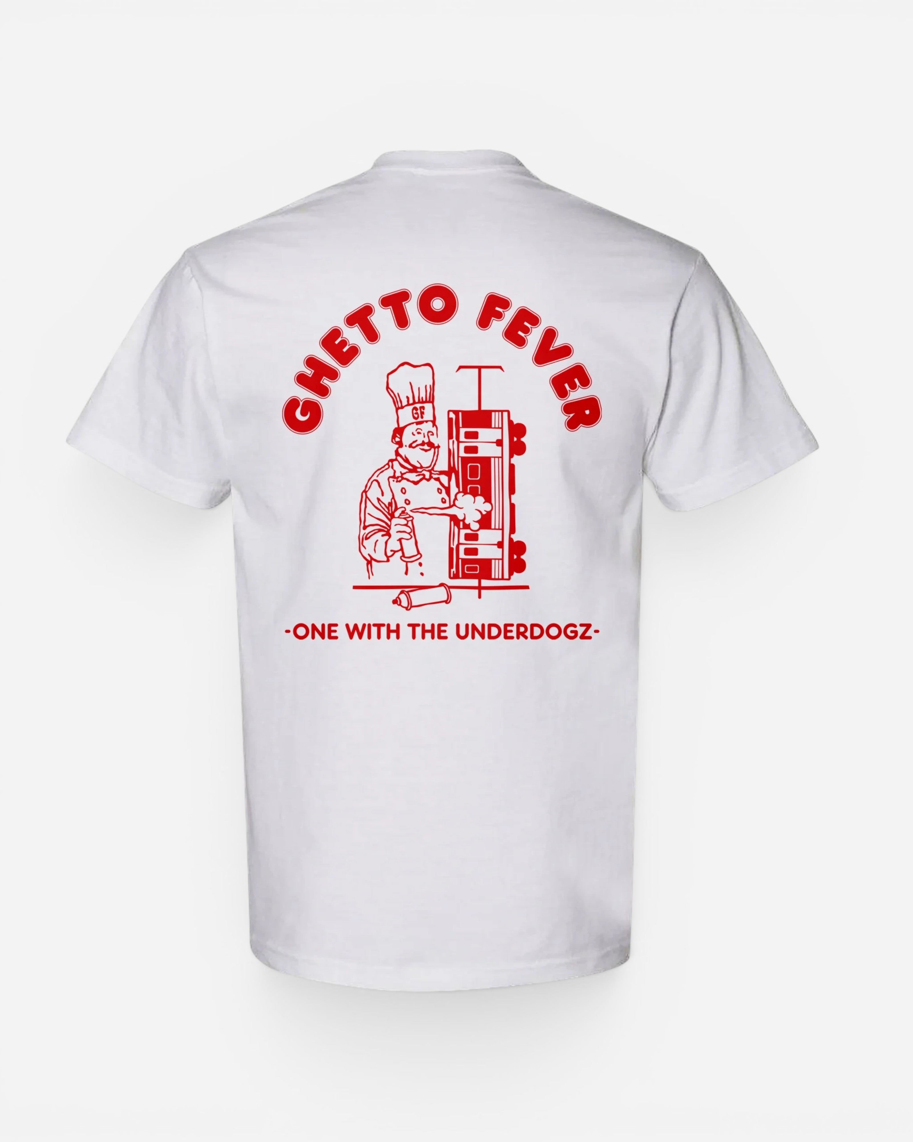 Astrofat Ghetto Fever white cotton t-shirt featuring a red graphic print of a chef and kebab rotisserie on the back.