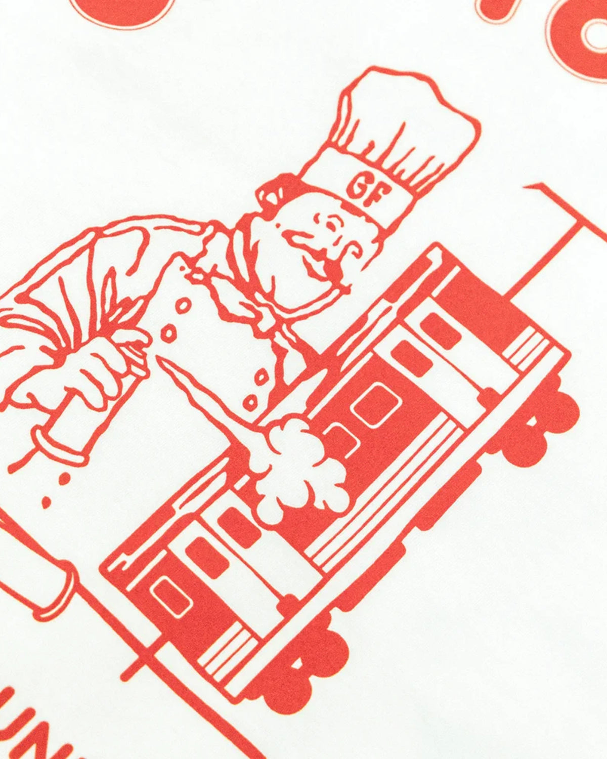 Astrofat Ghetto Fever white cotton t-shirt featuring a red screen-printed graphic of a chef and a subway train.