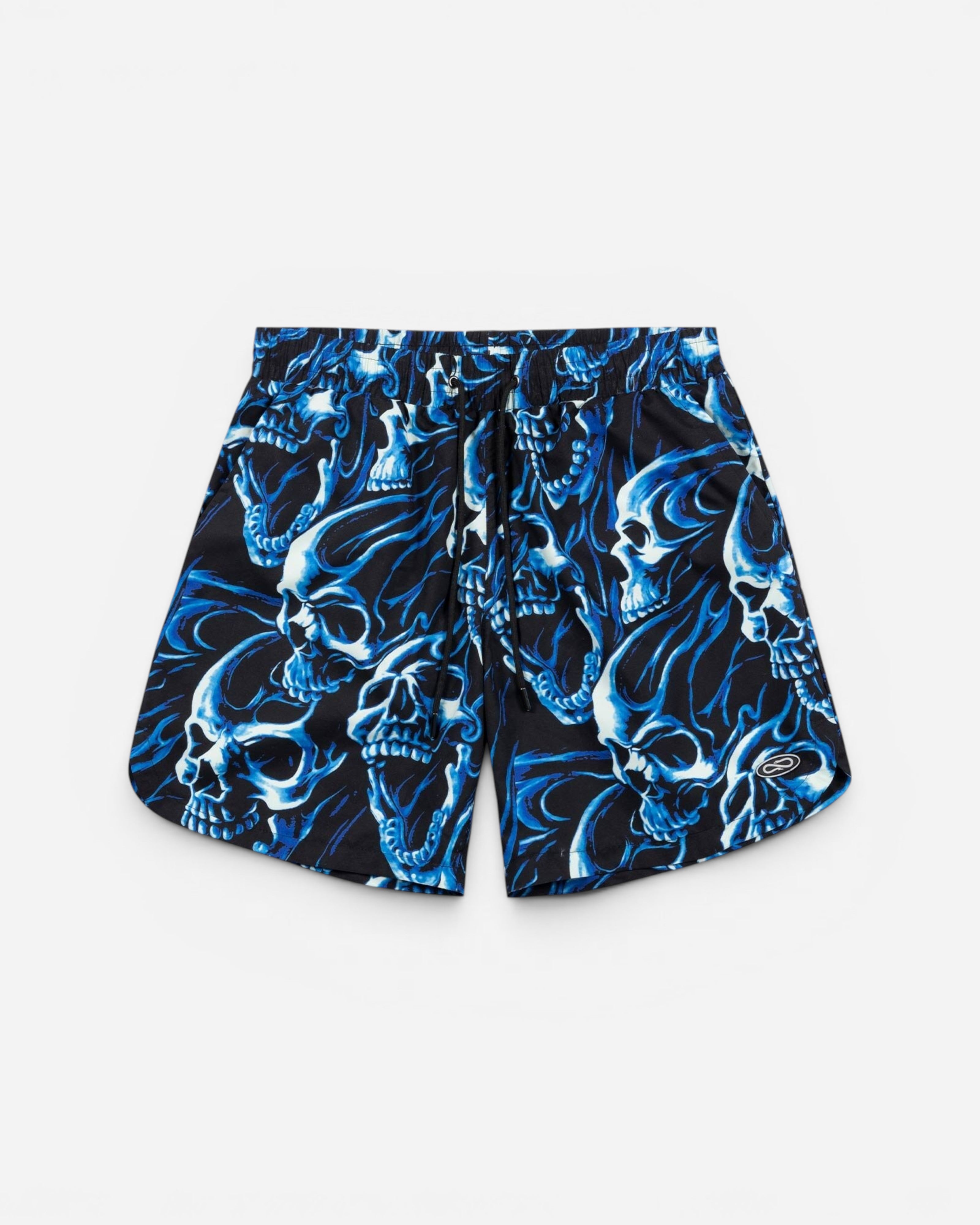 Astrofat Ghostrider swim trunks in black featuring an all-over blue skull and flame print with an elastic drawstring.