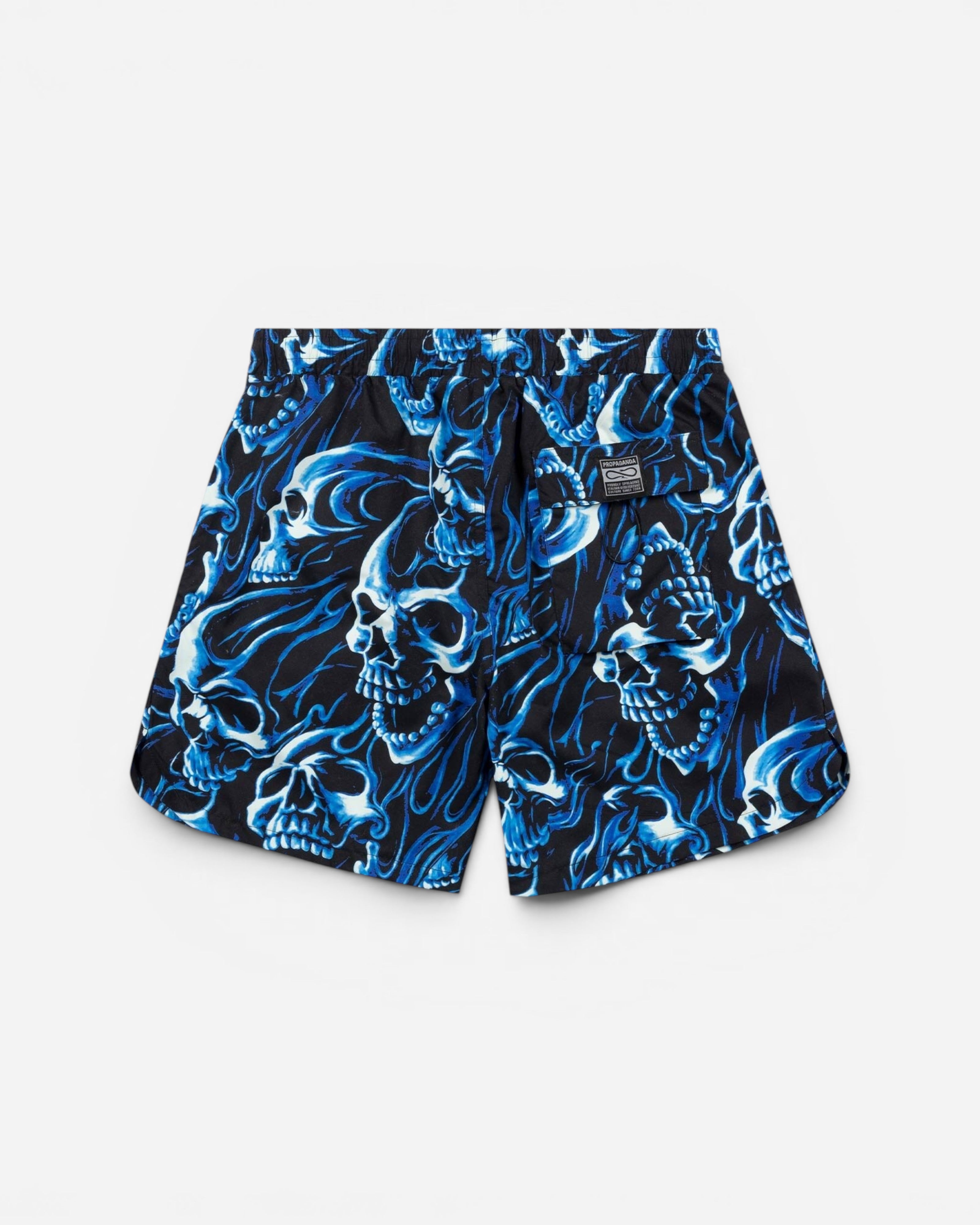 Astrofat Ghostrider swim trunks in black and blue with an all-over skull print, elastic waist, and back pocket.
