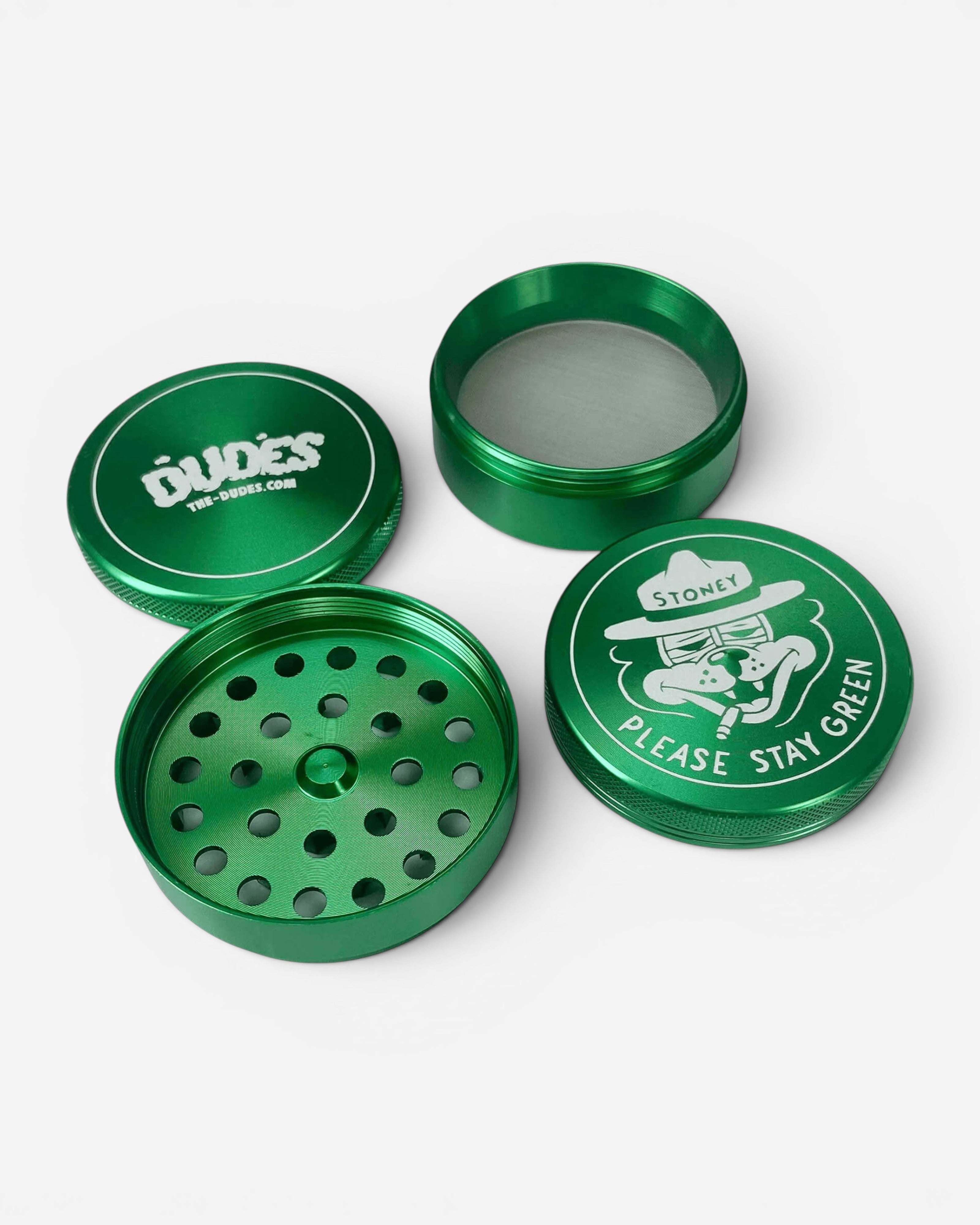 Astrofat green metal grinder with "Dudes" logo and "Stoney Please Stay Green" cartoon character.